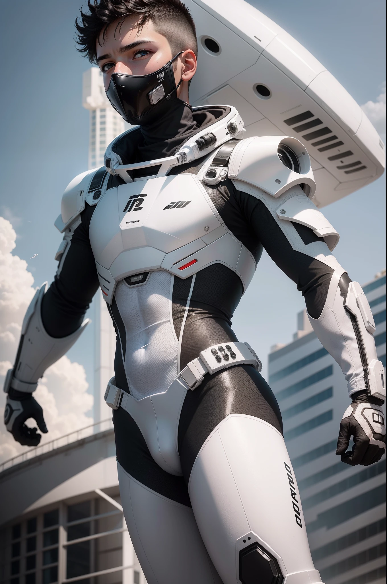 a young teenage boy with white and black sci-fi suit flying in the sky, highly detailed, high resolution, hyperrealistic
