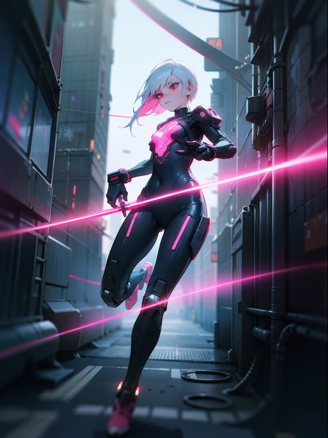 A photograph in a cyperpunk city, neon tokyo, landscape of a young beautiful mature female with short and white hair, red eyes, asian traits, wearing a black full body cybernetic suit, hacker vibe, netrunner, badass, holding a cyber neon katana, 4K, 3d Octane render, cinematic lighting, Dynamic, Ray Tracing, bloom, 50mm.