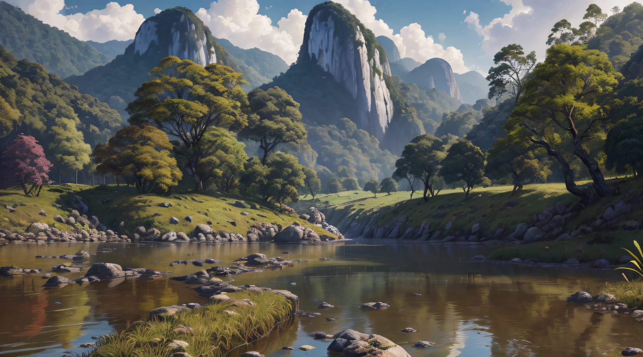 pintura de um rio que atravessa um vale verde exuberante com montanhas ao fundo, colinas fluidas, 8k resolution digital painting, 8k resolution digital painting, Pintura digital 4K, Pintura digital 4k, pintura digital detalhada, baixo detalhamento. pintura digital, Pintura Digital de Alto Detalhe, peaceful landscape, rio, trees and hills, pintura detalhada 4K, pintura digital 4k