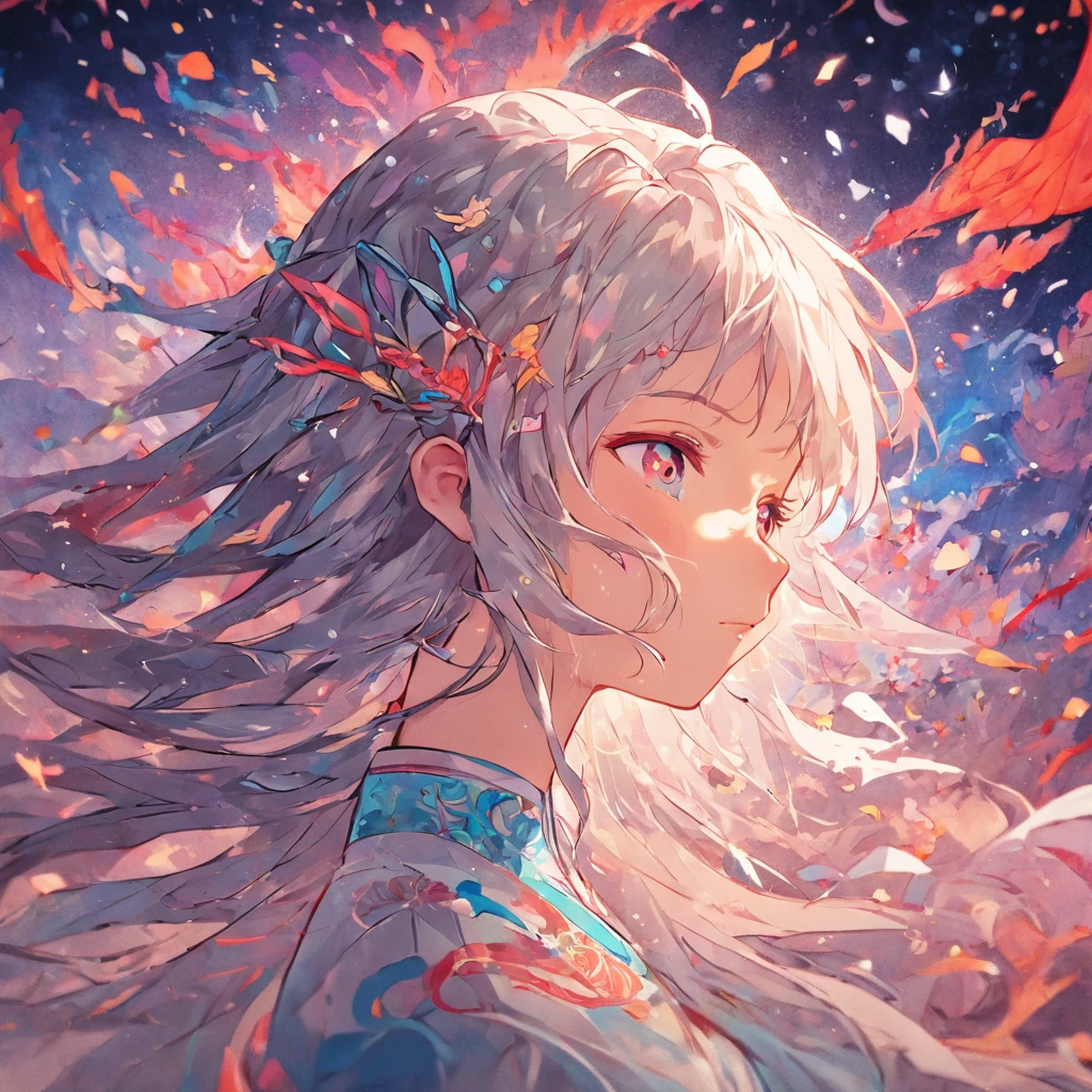 (White background:1.4),(Silhouette of a girl's head, Eyes closed, colorfull long hair, Oriental elements),(Chinese illustration:1.3,paper art:1.3, Quilted paper art:1.2),( reasonable design, Clear lines, High sharpness,Best quality, Very detailed, Masterpiece, movie light effect, 4K )