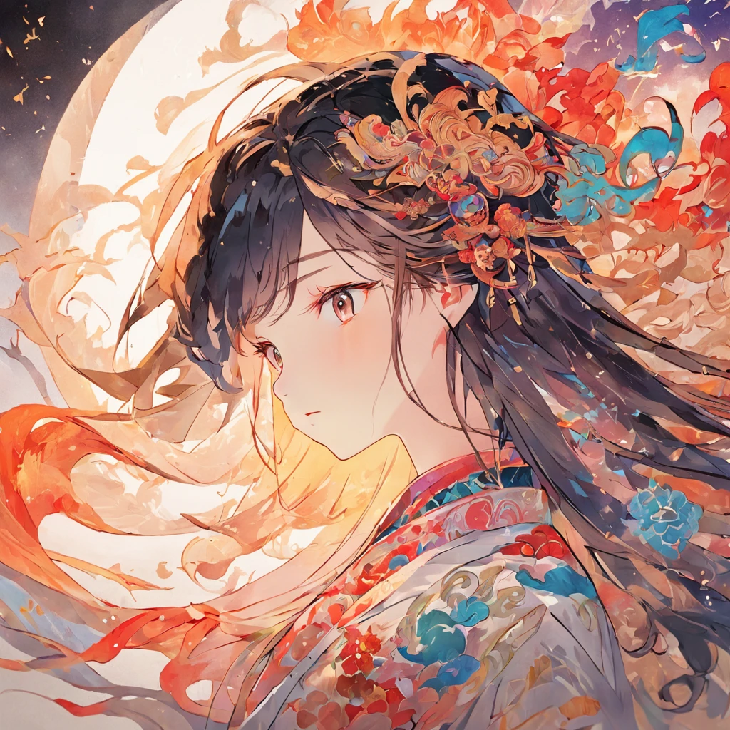 (White background:1.4),(Silhouette of a girl's head, Eyes closed, colorfull long hair, Oriental elements)，(Chinese illustration:1.3，paper art:1.3, Quilted paper art:1.2),( reasonable design, Clear lines, High sharpness,Best quality, Very detailed, Masterpiece, movie light effect, 4K )