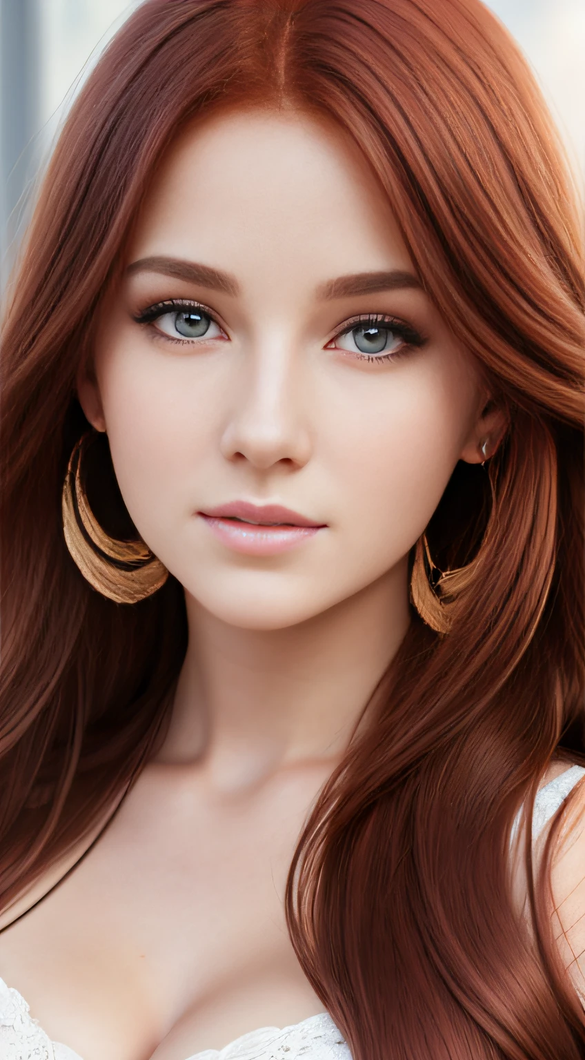 Detailed and realistic portrait of a beautiful 18-year-old red haired girl with long round eyes, fully dressed, beautiful, very large breasts, passport photo, long earrings, long dark brown flowing hair, upper body image, front view , photorealistic, high resolution