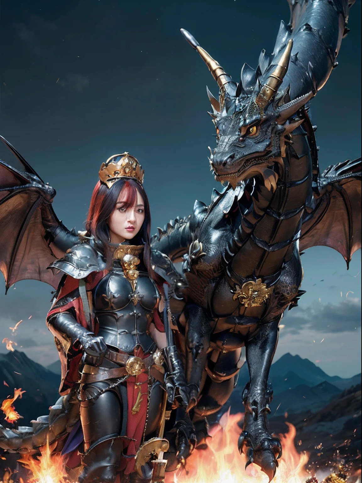 (masutepiece), professional, masterpiece, high quality, realistic pictures, depth of fields, (dragon black metal body: 1.9), (blue black matte, (chest neckline)、 dragon gold weapon (body of dragon metal) :1.4), beautiful gold weapons, ((dense and beautiful dragon sword)) , (demonic wings) ,40k war hammer, adept sororitas,detail and beautiful crown、((red hair))、 (Castle background)、(( Gangle forest background))、Beautiful Caucasian beauty、1one person、dynamic ungle,(((Detailed and ornate Black Dragon Crown)))、black hair, Smaller head、A smile、Background of the castle、Slim and beautiful female hands、Chest neckline、Soldier in iron armor at the bottom、Mystical expression、Light effects、Intense fighting、Wind effect、Magic circles、With the legendary magic wand、Dragon's tail、