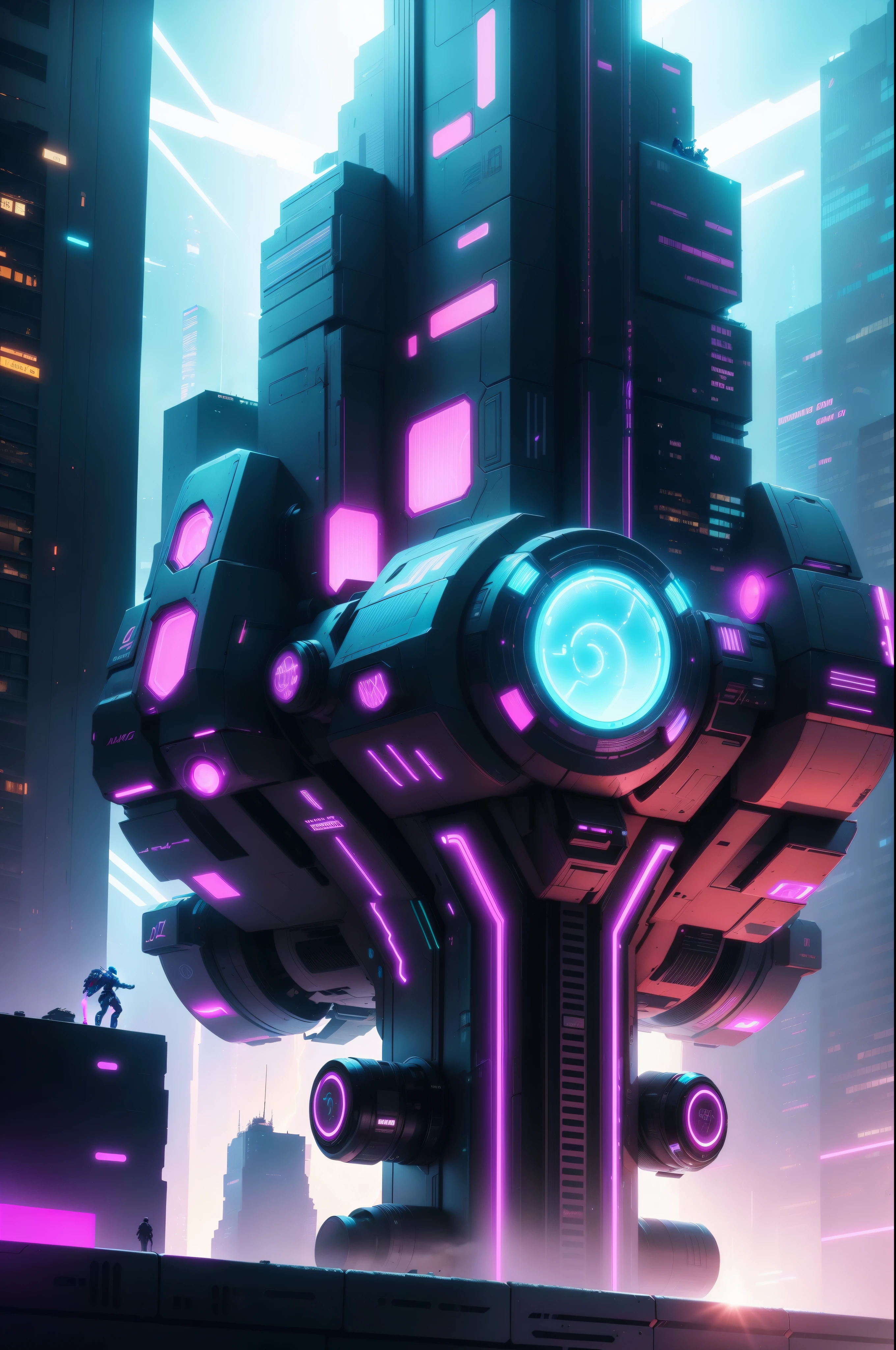 "CYBERMIX ALPHA", futuristic cyberpunk cityscape, neon-lit streets, advanced technology, stunning visuals, dynamic angles, vibrant colors, high-resolution, detailed buildings, flying vehicles, bustling crowds, holographic advertisements, sleek and stylish characters, futuristic fashion, augmented reality interfaces, urban chaos, atmospheric lighting, dramatic shadows, intense action, fast-paced energy.
