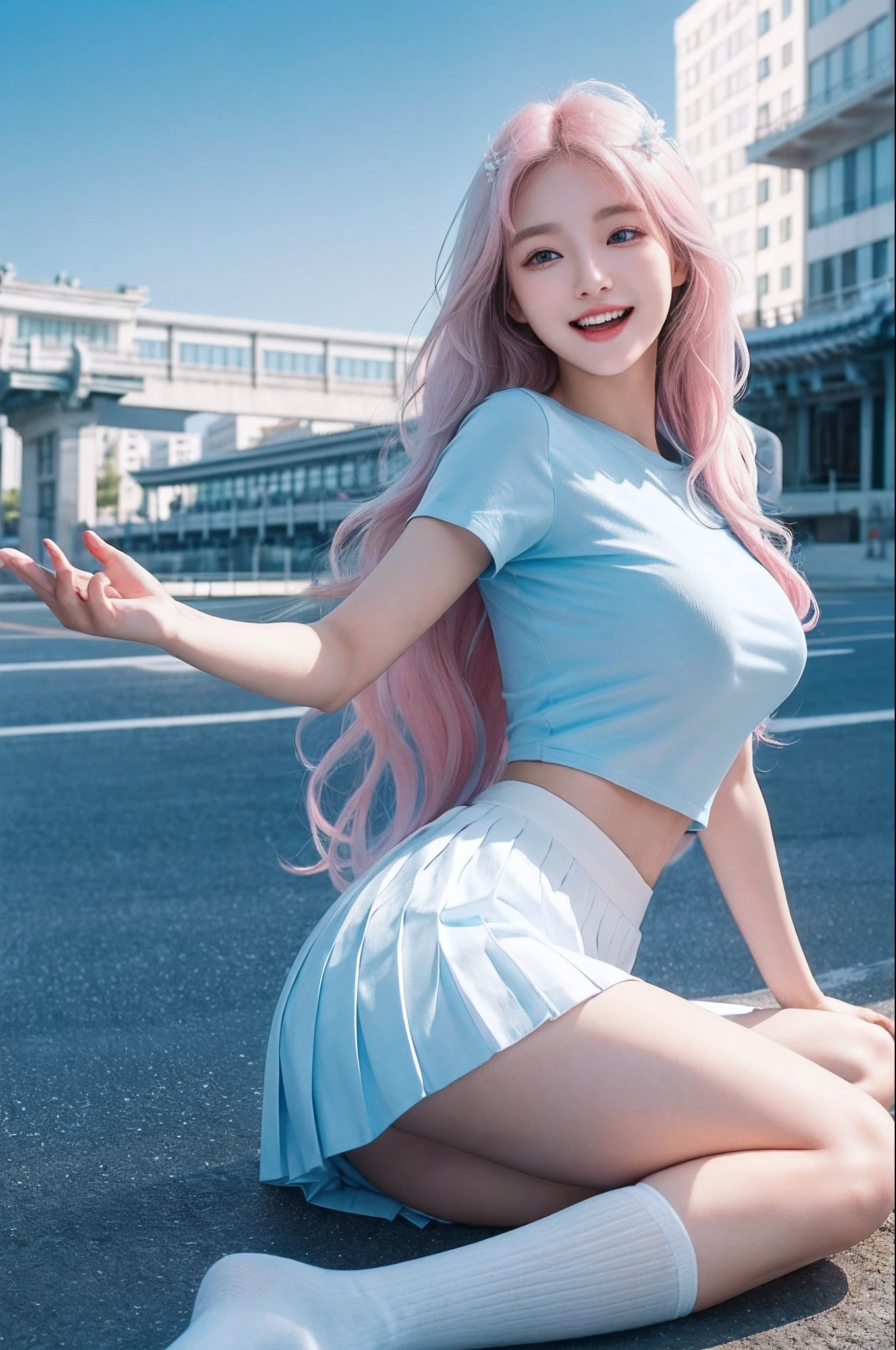 official art, masterpiece, sharp focus, (beautiful gorgeous cute korean woman:1.3), (beautiful cute korean woman:1.3), korean beauty, delicate and beautiful hair and eyes and face, realistic, super detailed, beauty girl, blue sky, glow white particles, (side light: 1.2), sunshine, white clouds, fine clouds, slender, pretty breasts and big buttocks, smile with teeth, ((laugh with eyes, open both eyes )), scenery, long straight hair, sexy look, buildings, (cityscape: 1.7), dynamic hair, long straight hair, detailed platinum pink hair, sparkling blue eyes, (blue pleated shirt + white skirt) , white long socks, white skin, hair ornaments, magnificent scenery,