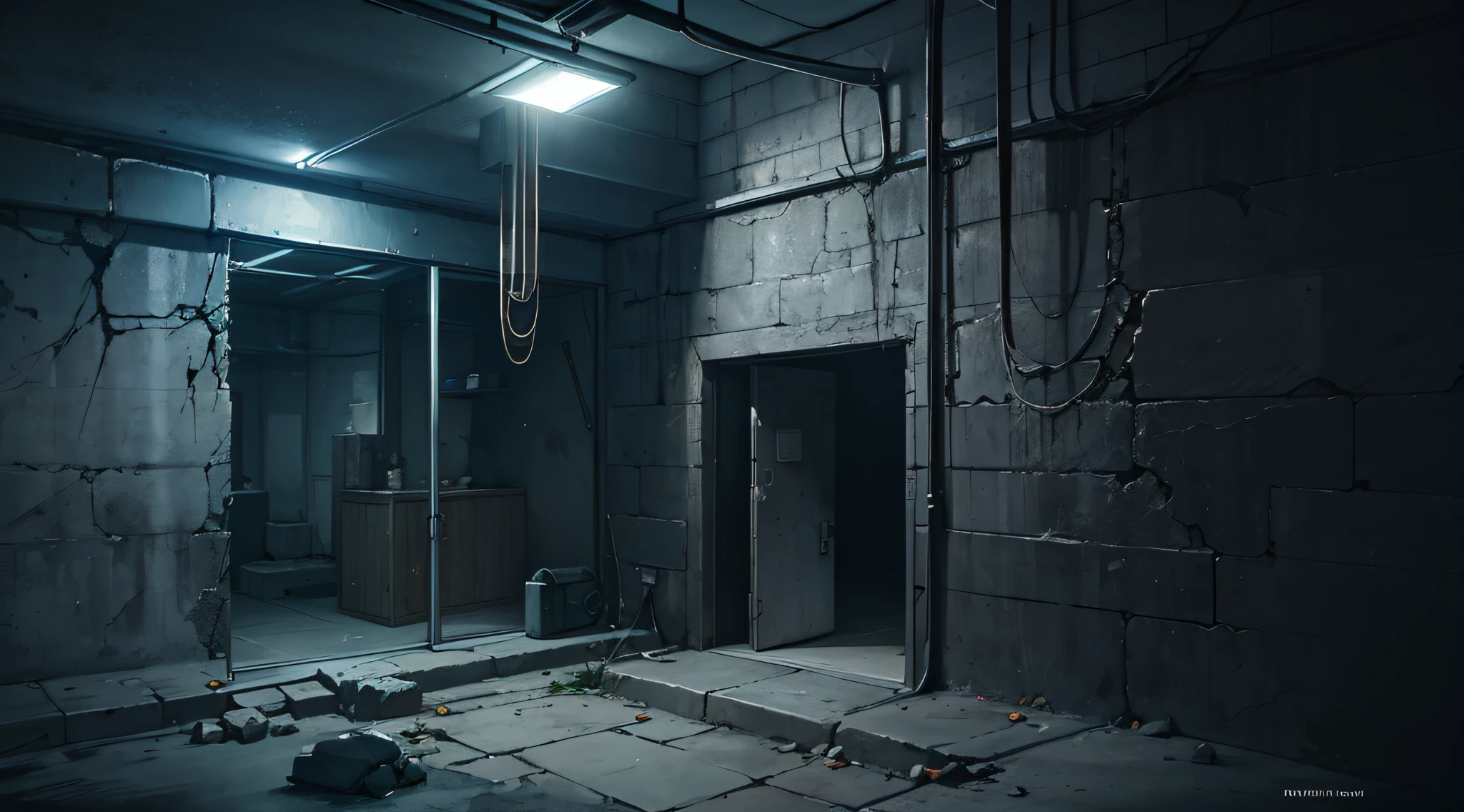Expansive steampunk dungeon, unreal engine rendering, Photorealistic, mysterious, concrete walls, Cracked, volumetric fog, black mist, night time --auto --s2