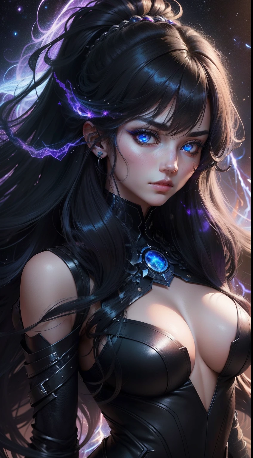 Her hair is a cascade of untamed midnight black, shimmering with glimmers of indigo and silver, resembling the endless expanse of the night sky. Her eyes are a mesmerizing swirl of deep blues and purples, like twin galaxies swirling with cosmic energy.