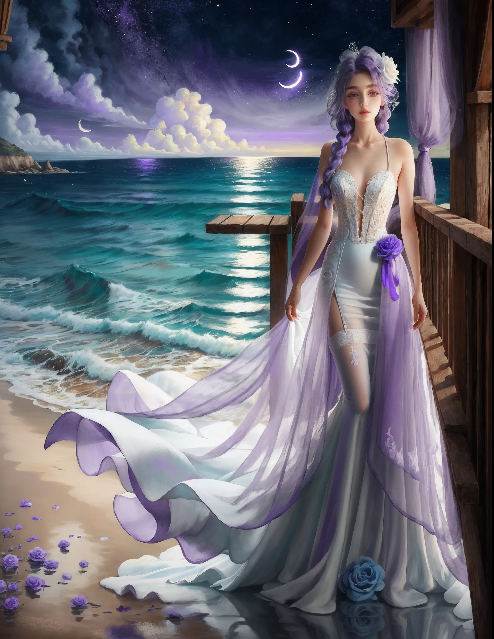 Wearing white stockings white wedding dress，Purple colored hair，Imperial sister with a purple flower in her hair，With twisted braids，Hold a bunch of blue roses，Stand by the sea facing the camera，The sea rises with a crescent moon，The sea water turns light purple，Purple eye，Realistic painting style