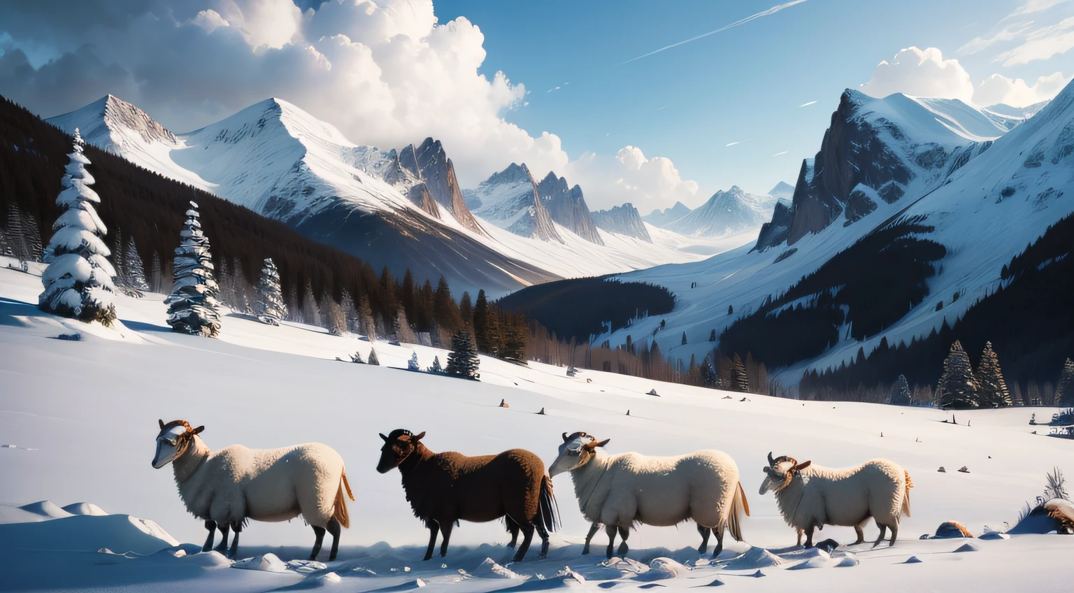 Sheep in the snowy mountain