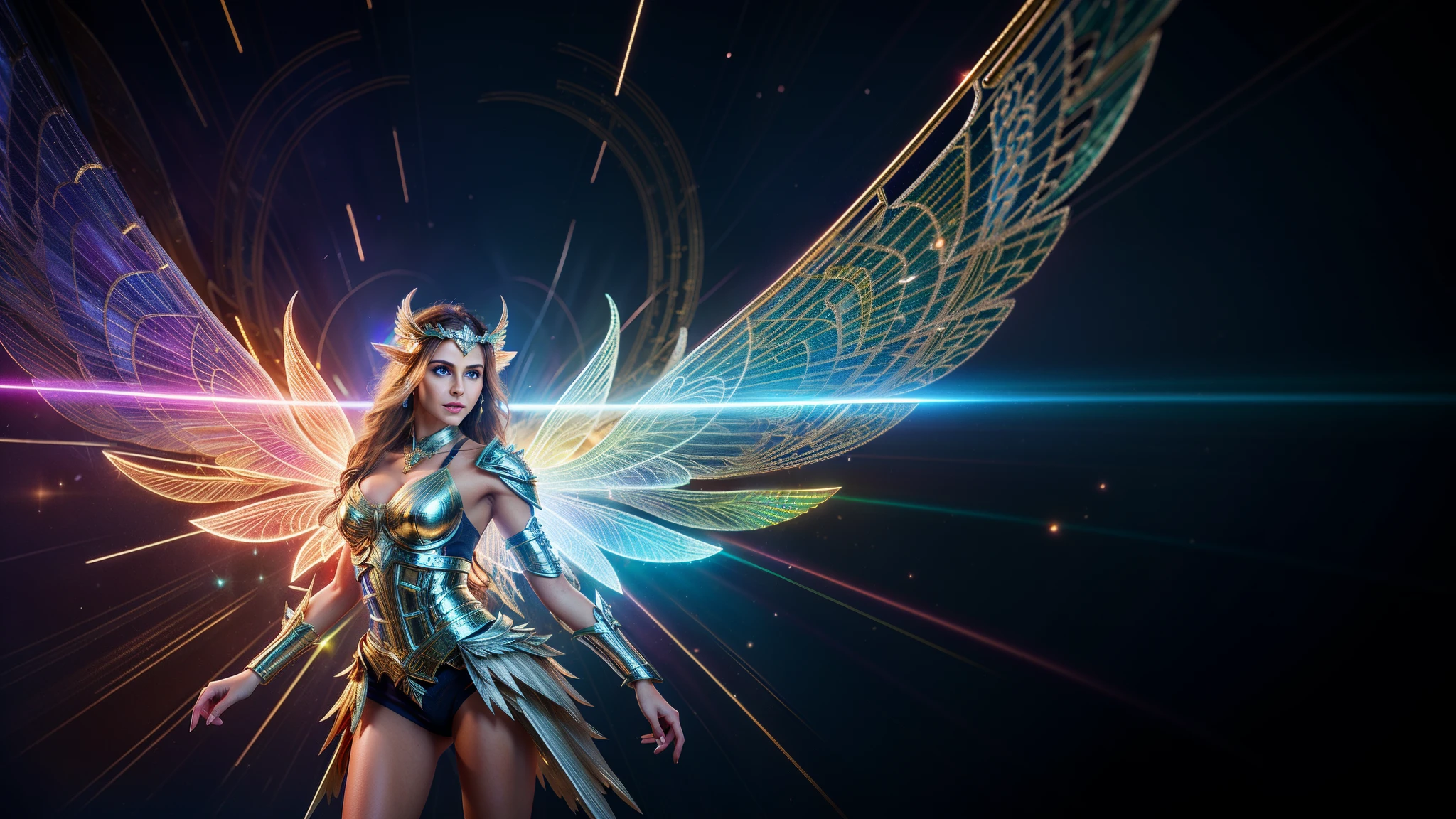 Image of a woman with winged wings and a luminous halo, cute face, High detail of the face and eyes, 8K, stuning fantasy 3 d render, stunning 3d render of a fairy, highly detailed 4k digital art, fantasy art behance, unreal engine fantasy art, as a mystical valkyrie, unreal engine rendering + a goddess, astral fairy, artgerm ; 3D Нереальный движок