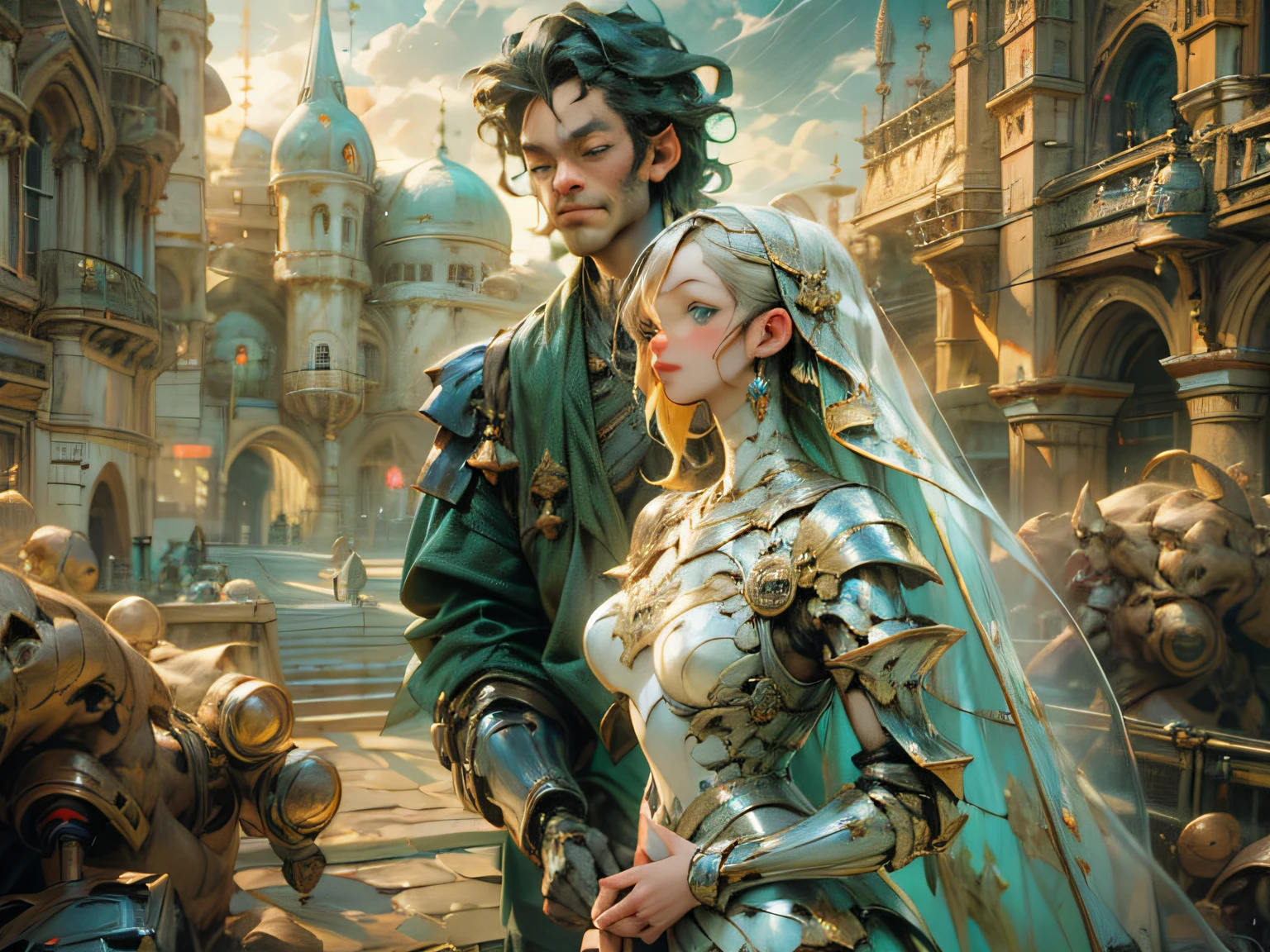 arafed, high details, best quality, 8k, [ultra detailed], masterpiece, best quality, (extremely detailed), dynamic angle, ultra wide shot, RAW, photorealistic, a wide angle picture of a wedding between a knight and her prince in medieval castle, a female human knight, pic beautiful human woman (best details, Masterpiece, best quality), ultra detailed face (best details, Masterpiece, best quality), blond hair, long hair, wavy hair, green eyes, wearing heavy mecha armor, mechanical parts white armor, intricate details armor (best details, Masterpiece, best quality), white metallic armor, armor shines BREAK, [[and]] a human male prince, beautiful human man (best details, Masterpiece, best quality), ultra detailed face (best details, Masterpiece, best quality), black hair, short hair, blue eyes, wearing, medieval style clothes (best details, Masterpiece, best quality), noble clothes, fantasy castle background, Ultra-Wide Angle, high detail, award winning, best quality, HD, 16K, 3D rendering, high details, best quality, highres, ultra wide angle, 3D rendering, [[anatomically correct]]