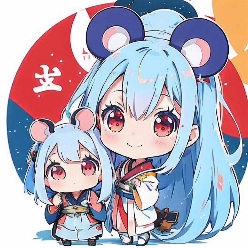 Anime girl with light blue hair, (personification)、straight haired、Red hair ornament、Anime girl with round ears of a mouse, Anime visuals of cute girls, (Wearing a red kimono)(large ears that are round and white,)(I have a pet rat next to me)portlate、Outer space background、(A big smile)