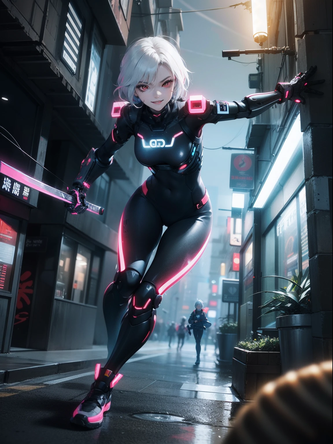 A photograph in a cyperpunk city, neon tokyo, landscape of a young beautiful mature female with short and white hair, red eyes, asian traits, wearing a black full body cybernetic suit, hacker vibe, netrunner, badass, running, with a cocky smile, smirk, holding a cyber neon katana, 4K, 3d Octane render, cinematic lighting, Dynamic, Ray Tracing, bloom, 50mm.