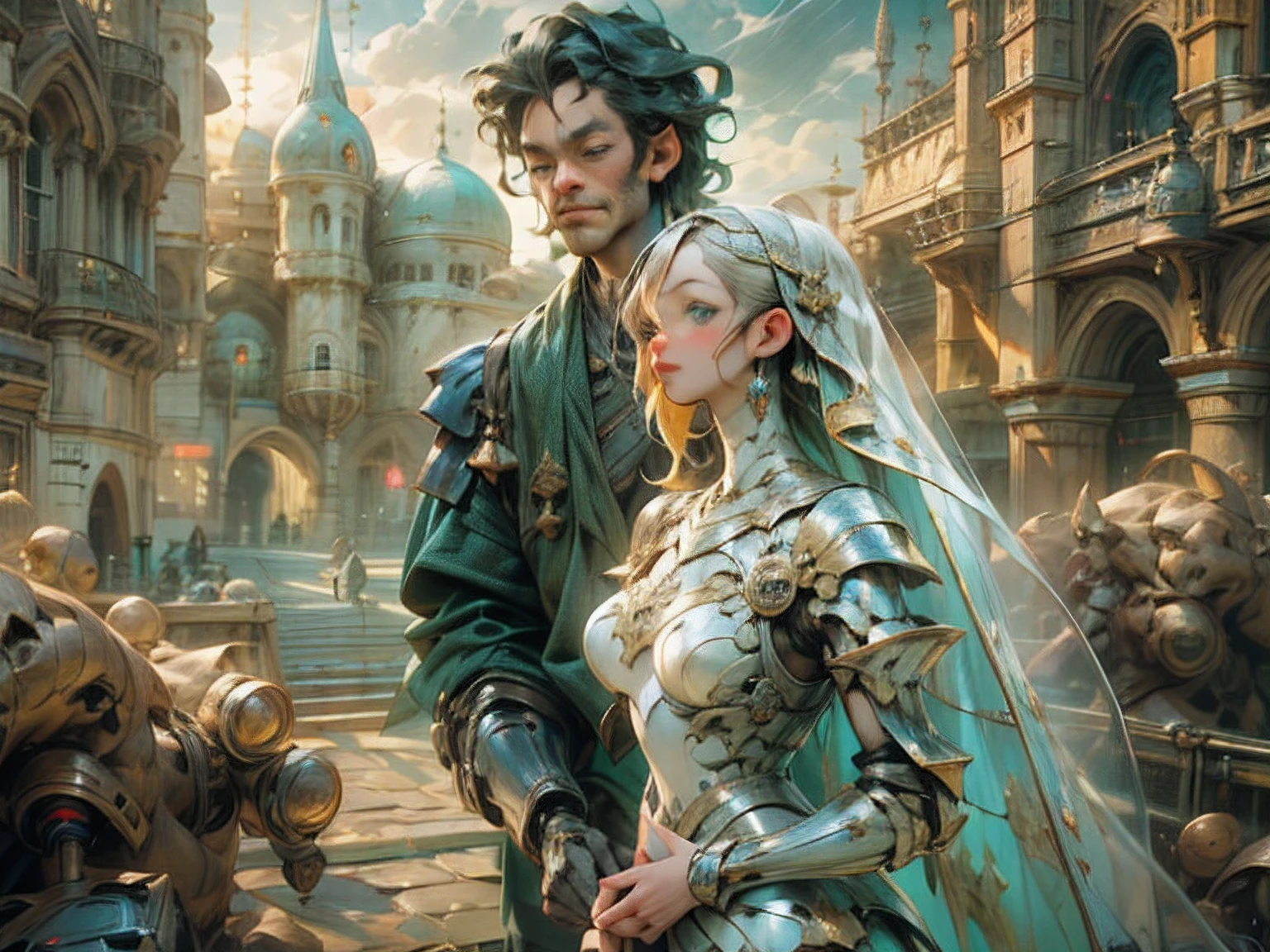 arafed, high details, best quality, 8k, [ultra detailed], masterpiece, best quality, (extremely detailed), dynamic angle, ultra wide shot, RAW, photorealistic, a wide angle picture of a wedding between a knight and her prince in medieval castle, a female human knight, pic beautiful human woman (best details, Masterpiece, best quality), ultra detailed face (best details, Masterpiece, best quality), blond hair, long hair, wavy hair, green eyes, wearing heavy mecha armor, mechanical parts white armor, intricate details armor (best details, Masterpiece, best quality), white metallic armor, armor shines BREAK, [[and]] a human male prince, beautiful human man (best details, Masterpiece, best quality), ultra detailed face (best details, Masterpiece, best quality), black hair, short hair, blue eyes, wearing, medieval style clothes (best details, Masterpiece, best quality), noble clothes, fantasy castle background, Ultra-Wide Angle, high detail, award winning, best quality, HD, 16K, 3D rendering, high details, best quality, highres, ultra wide angle, 3D rendering, [[anatomically correct]]