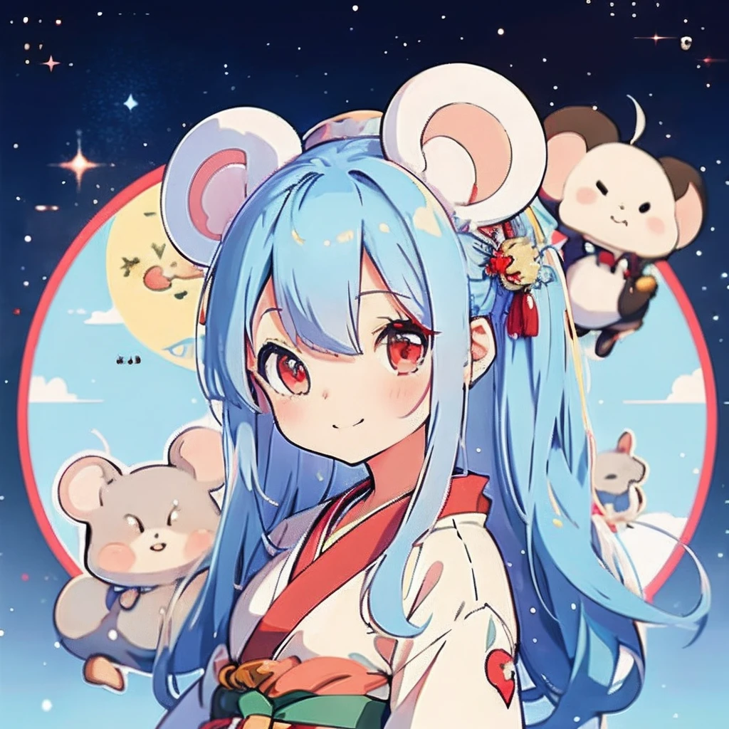 Anime girl with light blue hair, （personification）、straight haired、Red hair ornament、Anime girl with round ears of a mouse, Anime visuals of cute girls, （Wearing a red kimono）（large ears that are round and white,）（I have a pet rat next to me）portlate、Outer space background、（A big smile）