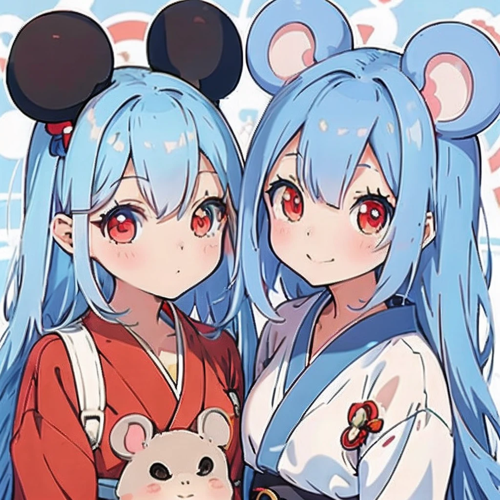 Anime girl with light blue hair, （personification）、straight haired、Red hair ornament、Anime girl with round ears of a mouse, Anime visuals of cute girls, （Wearing a red kimono）（large ears that are round and white,）（I have a pet rat next to me）portlate、Outer space background、（A big smile）