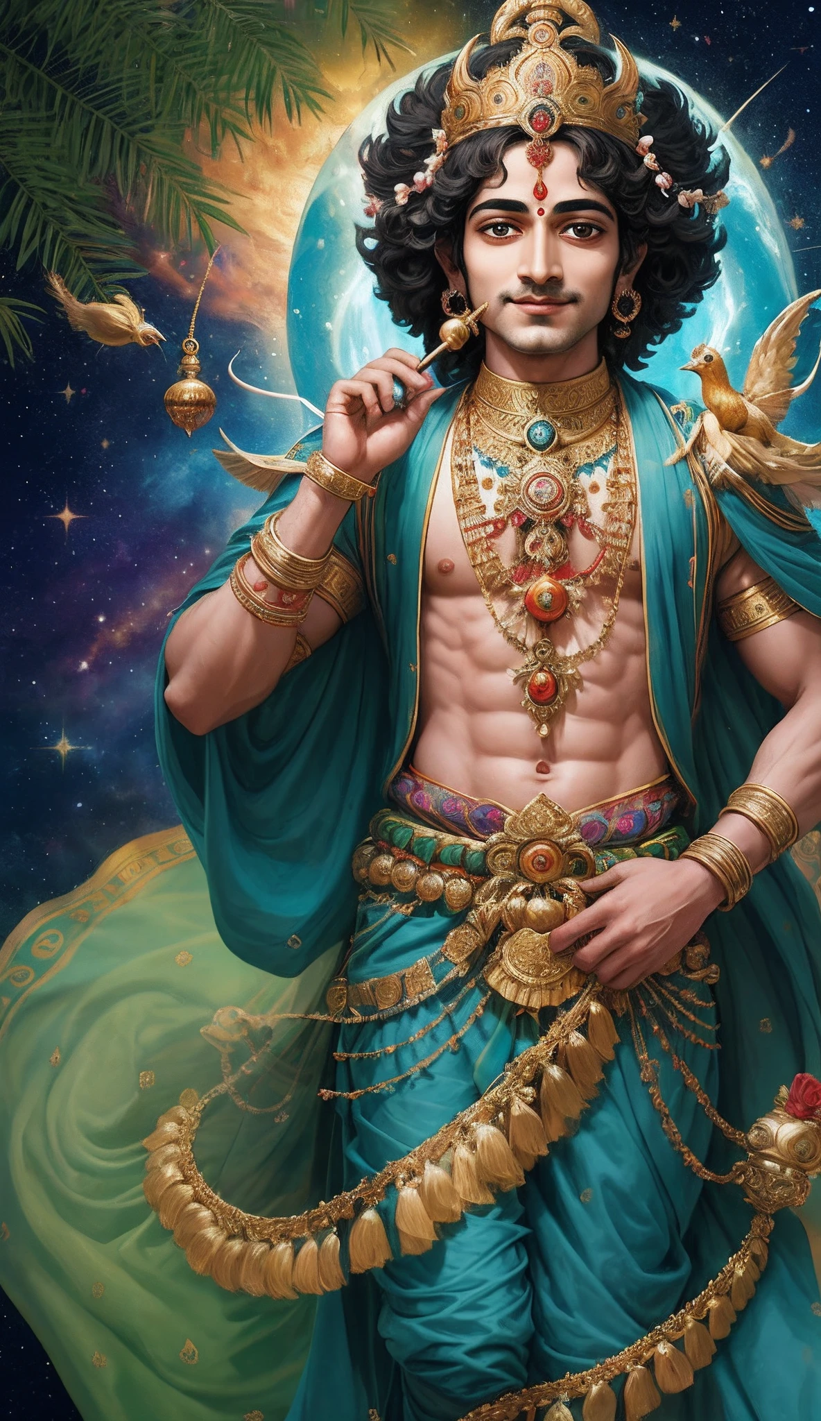 Divine Portrait of Lord KrishnaAmidst the timeless expanse of mythology stands Lord Krishna, an embodiment of divine grace and multifaceted virtues. His complexion, like the dark storm clouds, is a canvas for the radiance of his wisdom and compassion.Eyes that gleam with cosmic understanding reflect his profound connection to the universe. His gentle smile carries the weight of millennia, an eternal reassurance to seekers and devotees.Adorned in resplendent garments that mirror the vibrant hues of nature, Krishna holds a flute – a magical instrument that evokes melodies echoing through the hearts of all living beings.The peacock feather that graces his crown symbolizes his dominion over the natural world. His presence, both playful and profound, dances between the realms of the human and the divine.Whether taming the serpentine Kaliya or enchanting the gopis with his melodious tunes, Krishna's deeds reflect his cosmic purpose – to guide, protect, and uplift. His life's tapestry weaves a story of courage, diplomacy, and divine intervention.Infinite stories converge in the enigma of Krishna, who, as the charioteer of Arjuna, imparts the wisdom of the Bhagavad Gita. As a cowherd, he epitomizes pastoral simplicity, while as the supreme being, he embodies cosmic complexity.The flutes of Brindavan resonate in the hearts of devotees, echoing his teachings that transcend time. In Krishna, the universe finds its quintessential essence, a deity whose enchanting legacy endures through the ages.