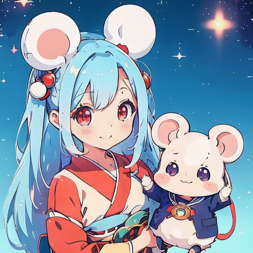 Anime girl with light blue hair, （personification）、straight haired、Red hair ornament、Anime girl with round ears of a mouse, Anime visuals of cute girls, （Wearing a red kimono）（large ears that are round and white,）（I have a pet rat next to me）portlate、Outer space background、（A big smile）