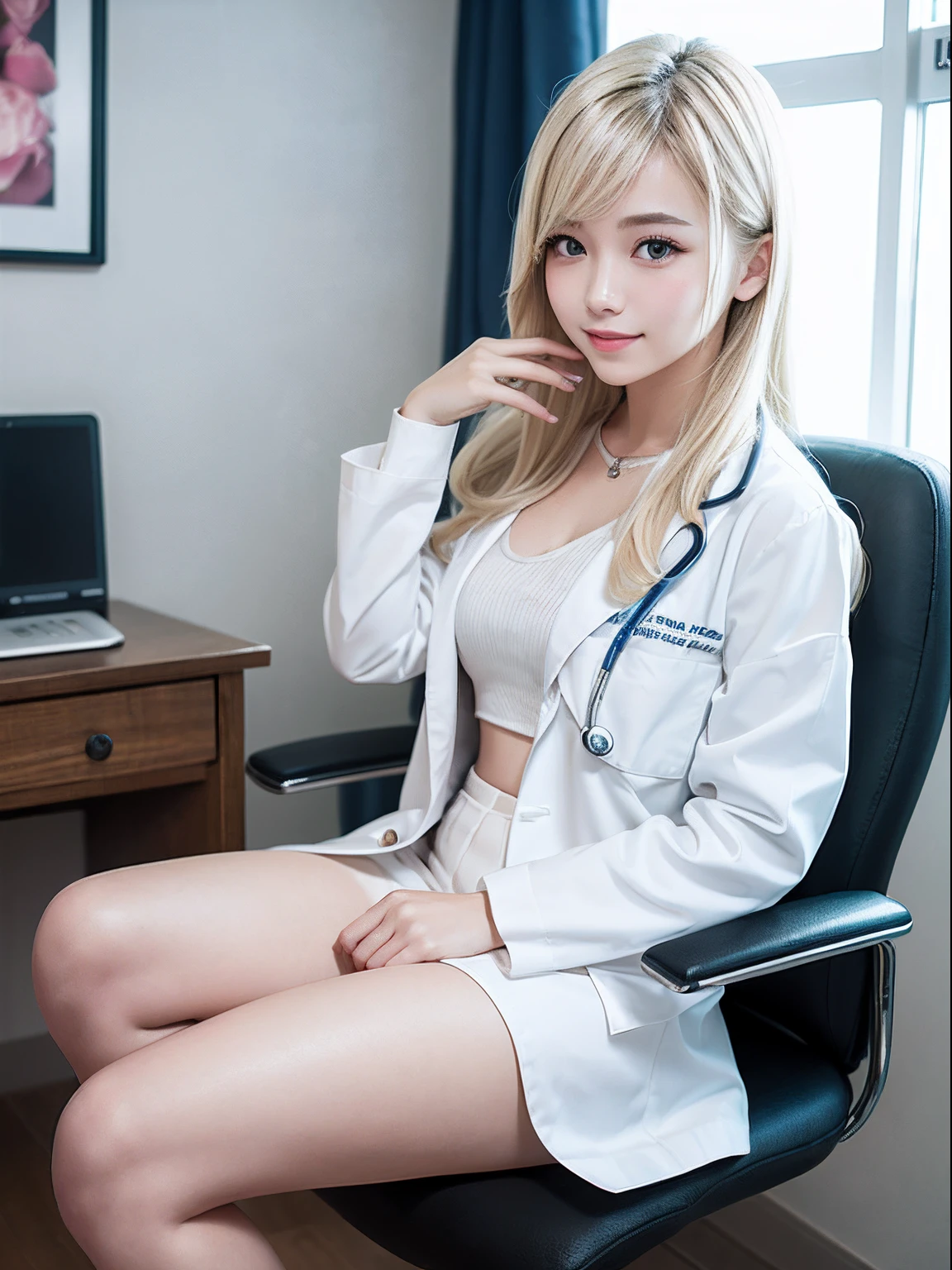 1 female、(european:1.2)、blonde、(super beautiful)、(beautiful face:1.5)、doctor、(Clothes:1.5)、(doctor用の白衣:1.6)、(white shirt:1.5)、Sit in a chair in the exam room、show panties、(white panties)、Stethoscope、(At SFW:1.1)
