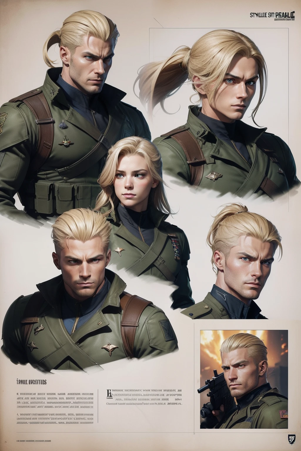 Personnage nom de code KRAIZON, American soldier, (((feuille de personnage))) (Multiple Views Upper Body Reference Sheet:1),, Croquis complet du corps avec expression souriante, High-angle sketch with serious expression ,, Latent,, Realistic Super Soldier, looking at the camera, White man with face in the center of the screen, Cheveux blonds de style Guile-style du jeu Street Fighter, Background to the ongoing war scene, Soldiers running with machine guns in their hands, explosions dans le ciel, just the character's face in the left corner of the screen, Perfect realistic graphic novel design, {{{Realistic digital illustration}}}, Film de style peloton, Contraste vif, Soldats de fond et explosions, anatomie parfaite, centered, dynamique, highly detailed, Affiche du film, zbrush, mise au point nette, {{{realistic illustration}}} David Finch Style, Dessin par Alphonse Mucha, par Peter Mohrbacher, par WLOP, 2000s