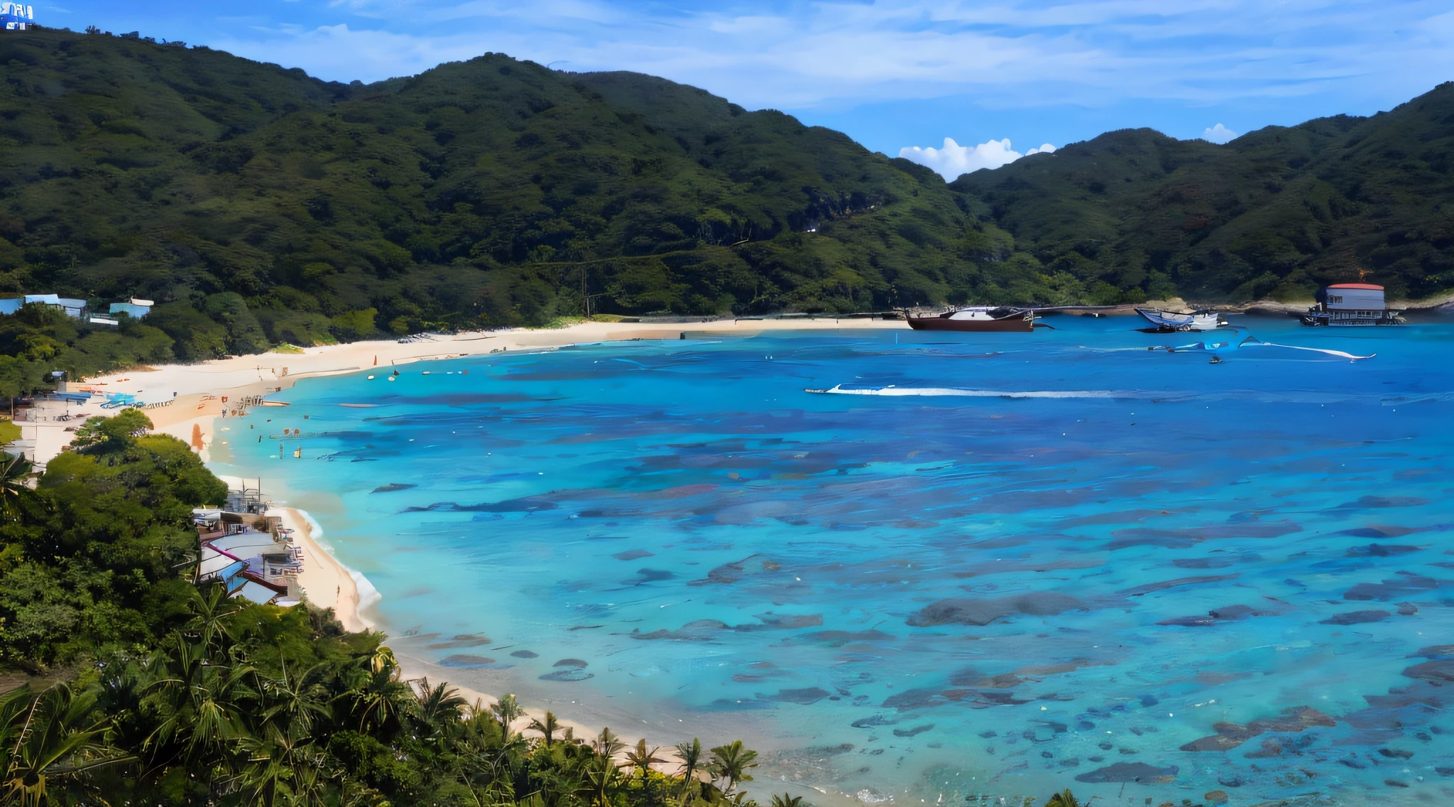 Arafed view of a beach with a boat on the water, Okinawa, Japan, Kemono, Abel Tasman, turquoise water, Yoshifumi Ushima, poucos iida, ultra tiro largo, breath-taking beautiful beach, praia fica entre os dois vales, 4k -4, Japan, Taiwan