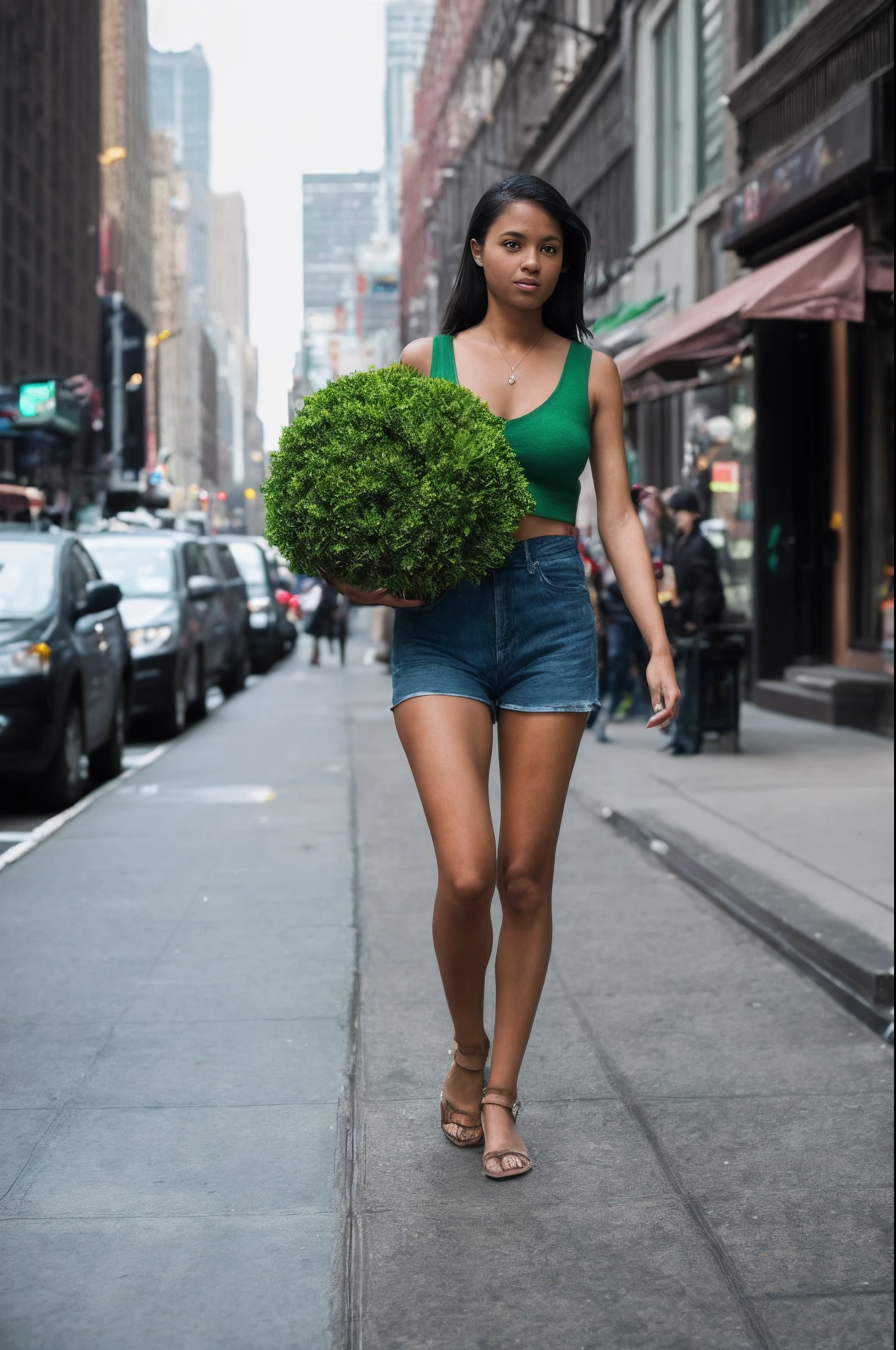 (documentary photography) photo of a gorgeous girl, walking down the street in New York, she has a green bush in her arms, full body, eye level camera view, cinematic lighting. Full body view.