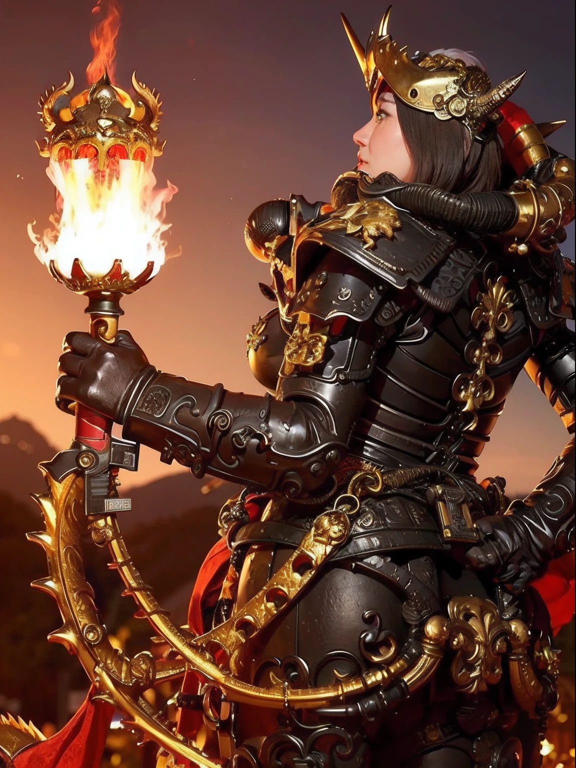 Professional , masterpiece、top-quality、photos realistic , depth of fields (Gemstone Black Metal Body:1.9),(Enamel Black、(cleavage of the breast)、(Chinese Dragon)、Mystical expression、Dragon Gold Weapon(Dragon Metal Body:1.4),Gorgeous gold weapons ,(( Dragon's dense and gorgeous sword)) , 、blood splashing、 ,warhammer 40k , adepta sororitas,Detail and gorgeous crown、((Brown hair))、(The dragon)、(Castle background)、The dragon、((Gangle's forest background))、Beautiful Caucasian beauty、(1a person)、dynamic ungle,(((Detailed and ornate dragon helmet)))、Smaller head、A smile、Castle background、Thin and beautiful female hands、cleavage of the breast、Mystical expression、Light Effects、Wind-effect、magic circles、With the legendary magic wand、(demonic wings)、Toostock、