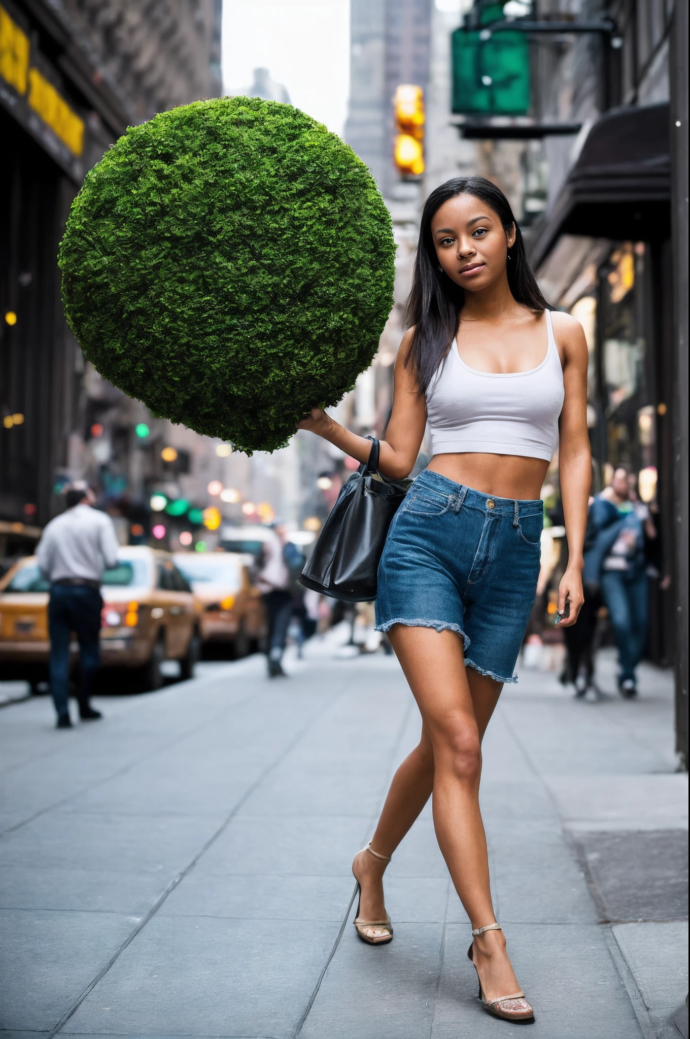 (documentary photography) photo of a gorgeous girl, walking down the street in New York, she has a green bush in her arms, full body, eye level camera view, cinematic lighting. Full body view.