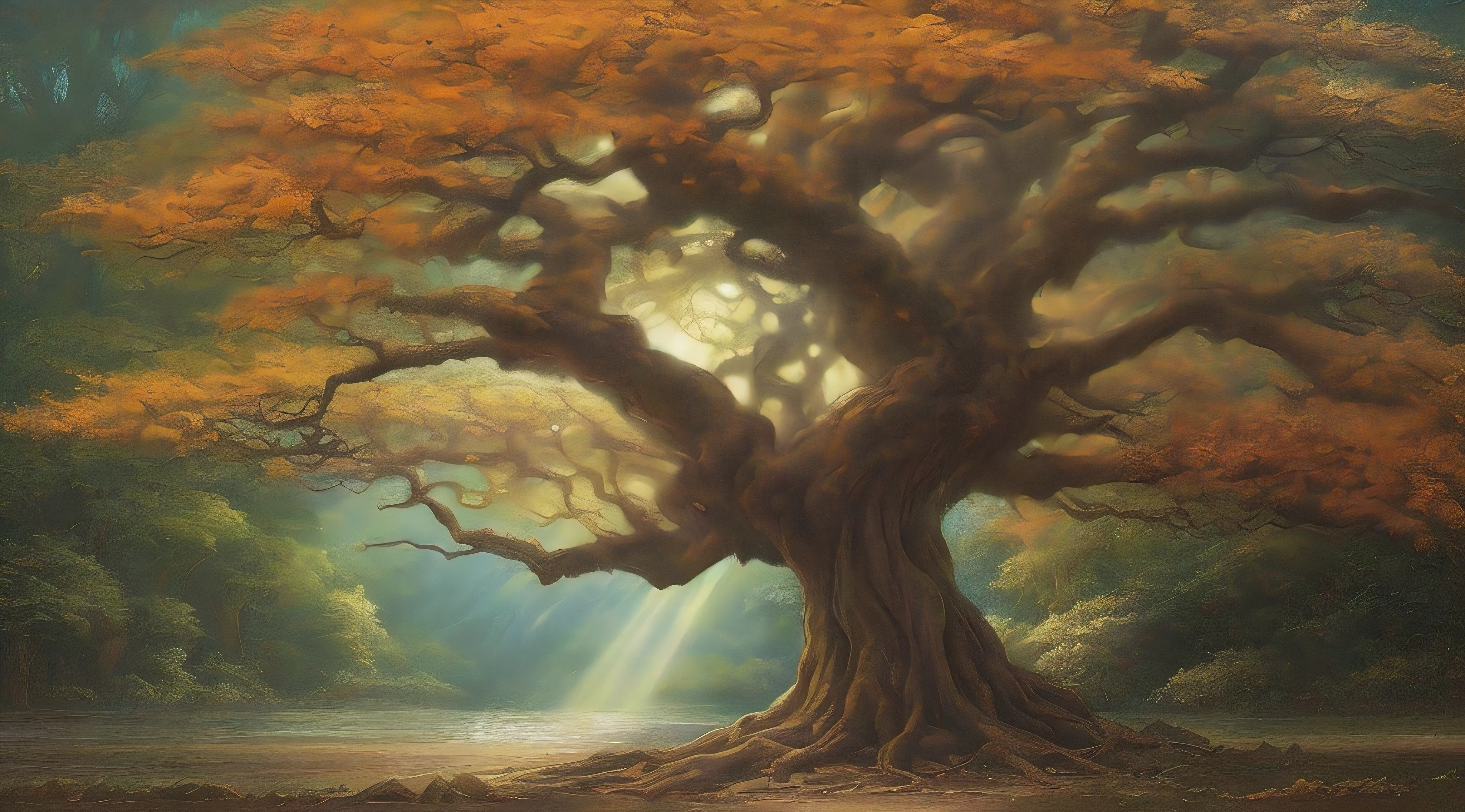painting of a tree with a ray of sun in the background, inspirado em Christophe Vacher, Directed by: Christophe Vacher, fantasy tree, Directed by: Vladimir Kush, inspirado em Vladimir Kush, inspirado por Brian Despain, golden sacred tree, magic tree, Lothlorien, magic tree, ancient tree, the tree of life, breathtaking art, tree of life seed of doubt