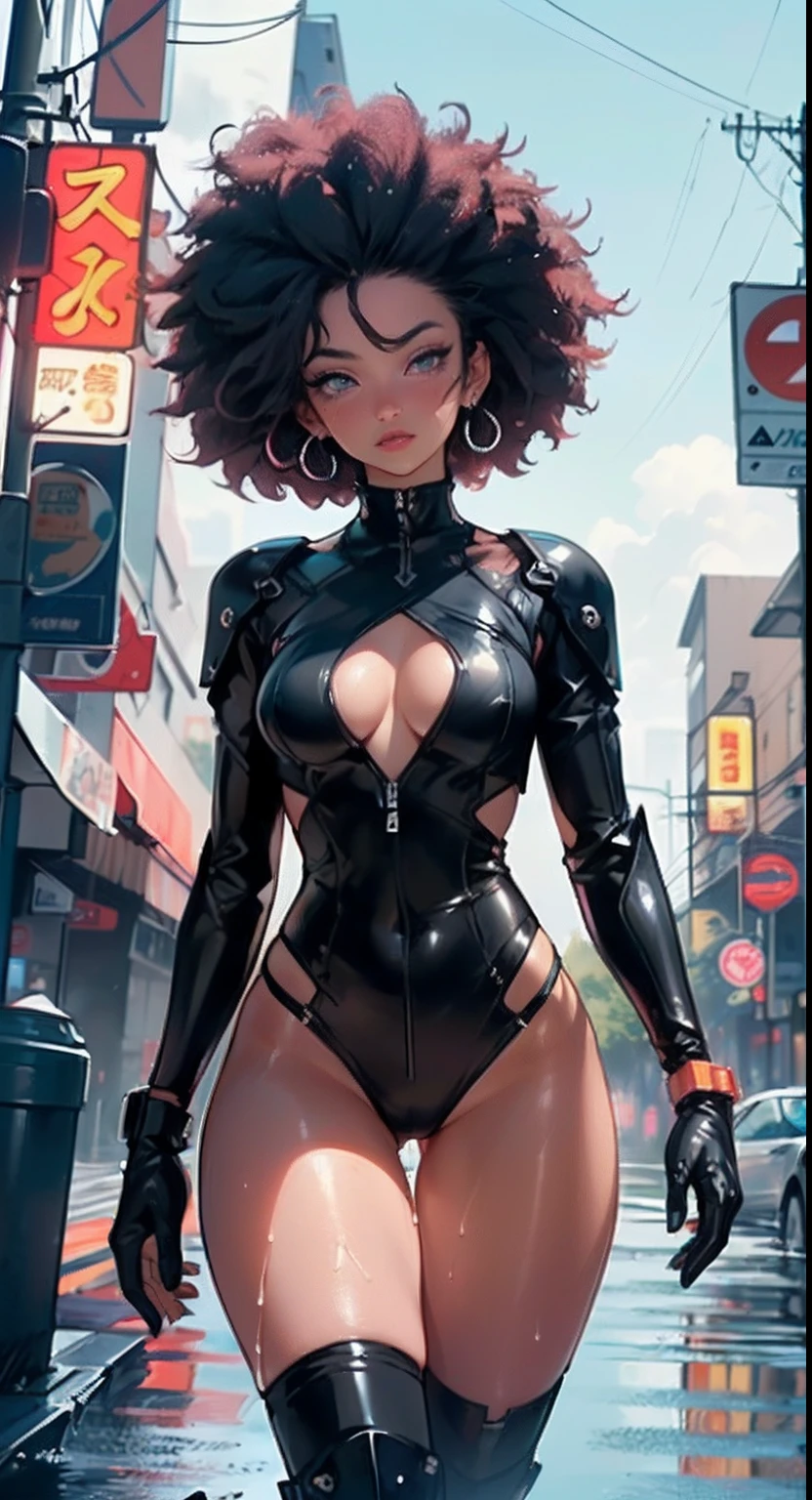 girl spacepunk,(((1girl))),((cute and beautiful afro haired girl)),((((black race)))),
(large breasts:1.4),saggy breasts,((((black afro hair:1.35,((afro hair:1.35)),afrohair,afro:1.35,dark hair,black hair,)))),medium hair,((heterochromia:1.5,eye1 orange,eye2 red,perfect eyes,upturned eyes:1.3,beautiful detailed eyes,finely detailed beautiful eyes:1,big highlight on eyes:1.2)),((fat)),((((tan,dark skin,black skin:1.35,dark-skinned_female,dark skin:1.3,ebony skin,lustrous skin:1.5,bright skin: 1.5,shiny skin,very shiny skin,shiny body,illuminated skin,wet legs)))),(spider lower abdomen,narrow waist,wide hip,athletic body,inflated legs,delicate detailed fingers),((hand consists of a short thumb and four fingers,hand with just five fingers,(detailed face))),
cute,slutty,sensual,seductive look,seductive,erotic,enchanting,(nsfw),
zettai ryouiki,revealing clothing,show skin,(wearing a mechanical space body armor:1.3,micro bikini,bare legs,an armored arm),((wet clothes, detailed outfit,detailed clothes)),
(dynamic pose:1.0),solo focus,embarrassed,(centered,scale to fit dimensions,Rule of thirds),
cyberpunk city by the ocean at night, with bright neon signs and dark stormy clouds and puddles,
High resolution, sharp focus, (ultra detailed, extremely detailed), (photorealistic artwork:1.37), 8k wallpaper,((synthwave background theme)),vibrant colors,(intricate),masterpiece,(best quality),