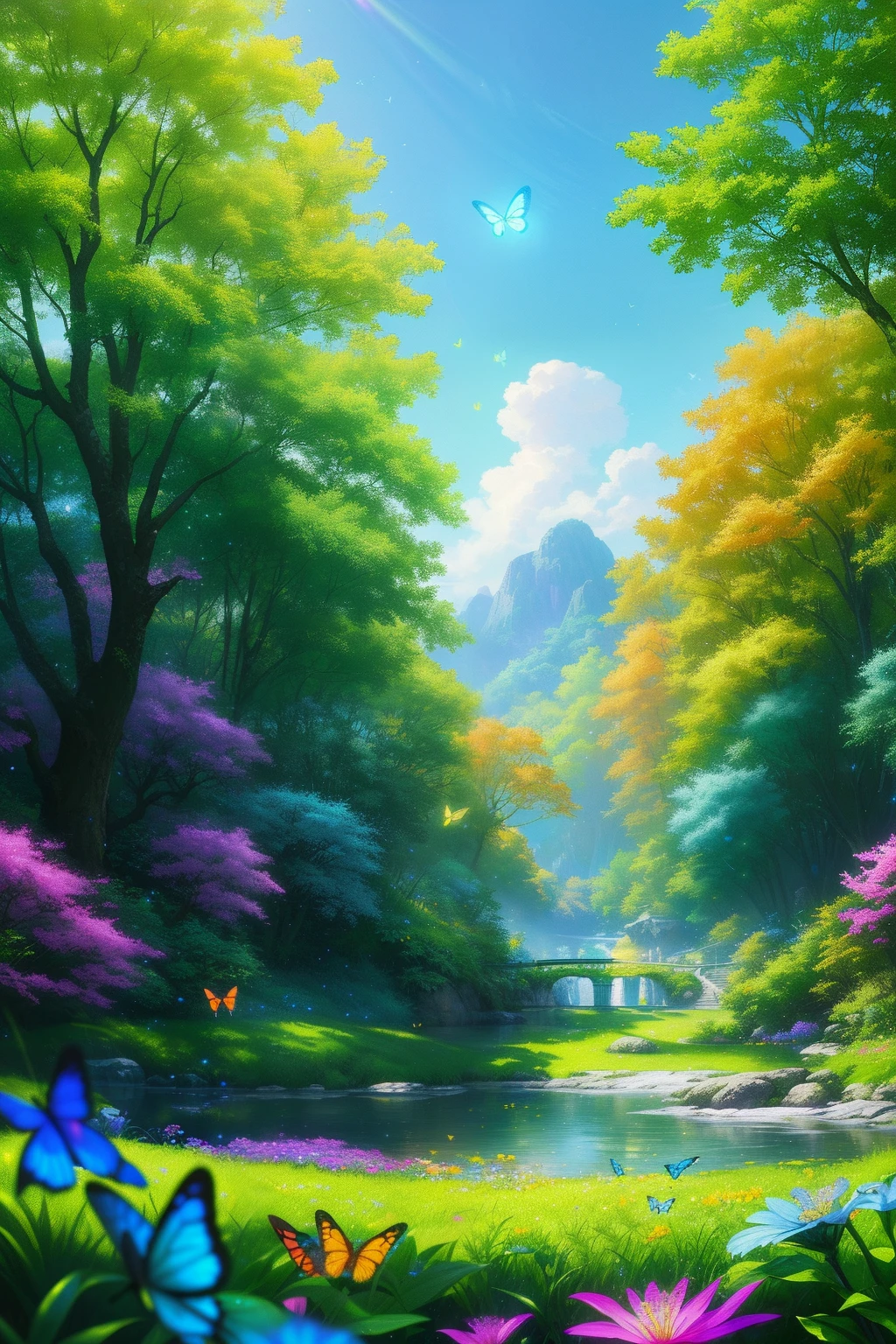 masterpiece, best quality, high quality, extremely detailed cg unity 8k wallpaper, )an extremely colorful and purely fantasy environment with vibrant hues and a bright sky), landscape of bright green grass, colorful trees, glittering fruits, and bright blue flowers, (the streams are a deep shade of blue green), and the air is filled with sweet exotic scents, (the environment appears to be taken out of a dream), with luminescent butterflies and giant colorful birds flying around, award winning photography, bokeh, depth of field, hdr, bloom, chromatic aberration, photorealistic:1.3, extremely detailed, trending on artstation, trending on cgsociety, intricate, high detail, dramatic, art by midjourney,