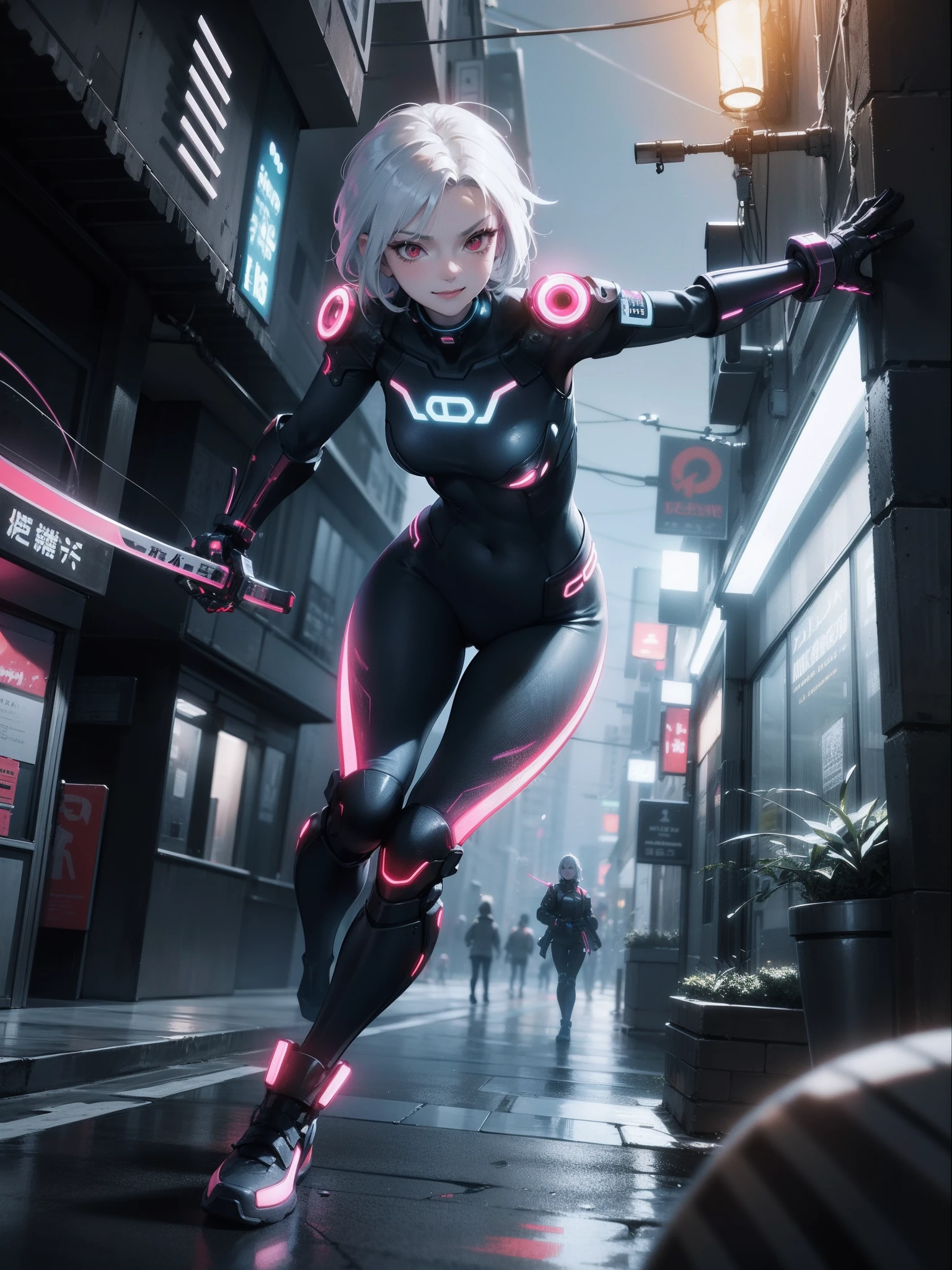 A photograph in a cyperpunk city, neon tokyo, landscape of a young beautiful mature female with short and white hair, red eyes, asian traits, wearing a black full body cybernetic suit, hacker vibe, netrunner, badass, running, with a cocky smile, smirk, holding a cyber neon katana, 4K, 3d Octane render, cinematic lighting, Dynamic, Ray Tracing, bloom, 50mm.