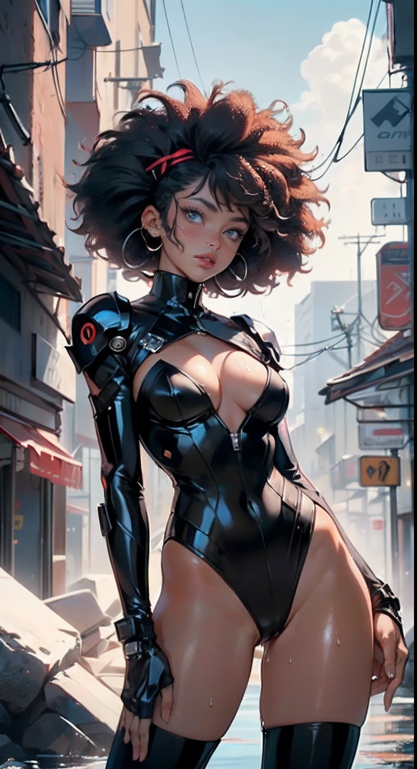 girl spacepunk,(((1girl))),((cute and beautiful afro haired girl)),((((black race)))),
(large breasts:1.4),saggy breasts,((((black afro hair:1.35,((afro hair:1.35)),afrohair,afro:1.35,dark hair,black hair,)))),medium hair,((heterochromia:1.5,eye1 orange,eye2 red,perfect eyes,upturned eyes:1.3,beautiful detailed eyes,finely detailed beautiful eyes:1,big highlight on eyes:1.2)),((fat)),((((tan,dark skin,black skin:1.35,dark-skinned_female,dark skin:1.3,ebony skin,lustrous skin:1.5,bright skin: 1.5,shiny skin,very shiny skin,shiny body,illuminated skin,wet legs)))),(spider lower abdomen,narrow waist,wide hip,athletic body,inflated legs,delicate detailed fingers),((hand consists of a short thumb and four fingers,hand with just five fingers,(detailed face))),
cute,slutty,sensual,seductive look,seductive,erotic,enchanting,(nsfw),
zettai ryouiki,revealing clothing,show skin,(wearing a mechanical space body armor:1.3,micro bikini,bare legs,an armored arm),((wet clothes, detailed outfit,detailed clothes)),
(dynamic pose:1.0),solo focus,embarrassed,(centered,scale to fit dimensions,Rule of thirds),
cyberpunk city by the ocean at night, with bright neon signs and dark stormy clouds and puddles,
High resolution, sharp focus, (ultra detailed, extremely detailed), (photorealistic artwork:1.37), 8k wallpaper,((synthwave background theme)),vibrant colors,(intricate),masterpiece,(best quality),