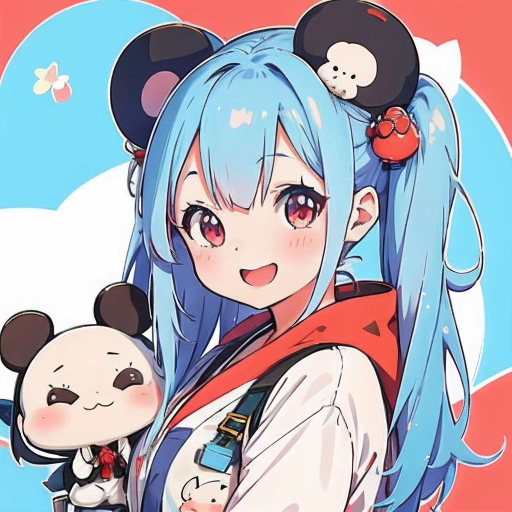 Anime girl with light blue hair, girl with1a person、(personification)、straight haired、Red hair ornament、Anime girl with round ears of a mouse, Anime visuals of cute girls, (Wearing a red kimono)(large ears that are round and white,,)(I have a pet rat next to me)portlate、Outer space background、(A big smile)