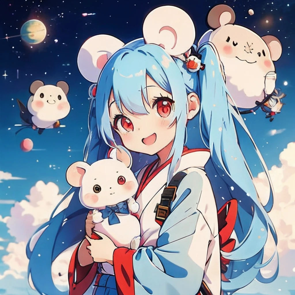 Anime girl with light blue hair, girl with１a person、（personification）、straight haired、Red hair ornament、Anime girl with round ears of a mouse, Anime visuals of cute girls, （Wearing a red kimono）（large ears that are round and white,,）（I have a pet rat next to me）portlate、Outer space background、（A big smile）