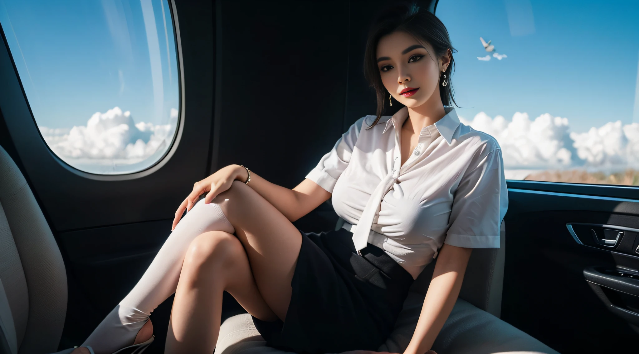 (8K high image quality), (top-quality), (RAW image quality),(masutepiece:1.2), (Realistic), (Photorealistic:1.37), ,largeeyes,long eyelasher,(Live-action realistic style),The Ultimate Face,Photorealistic light and shadow,Clear facial features,,Fair skin,,(The Ultimate Face,Extraordinary beauty),Best portraits, 1-girl,Beautiful detailed eyes,highlydetailed skin,(Beautiful face with double eyelids), (Realism: 1.4),(((Flight attendant uniforms,Naked blouse)) ,delicate and beautiful face,,Female about 20 years old,(Beautiful Face 1.4),Hair length is random,((Smile at your audience)),((Show your audience your best smile)),(lipsticks,Lame around the eyes,earring beautiful),((Shot on an airplane)),(Sit down and show off your panties,),(Flight attendants in uniform),,(sitting on,cowboy shot),Shoot head-on,,Close-range shooting,,I have brown hair,(Flip up your skirt),((Flip up the skirt to reveal the panties)),Flip up her skirt to show off her snow-white panties,,Spread your legs and show your panties,((Pinch and lift the skirt)),The panties are pure white,The buttons on the blouse do not close,White blouses,Blouse naked