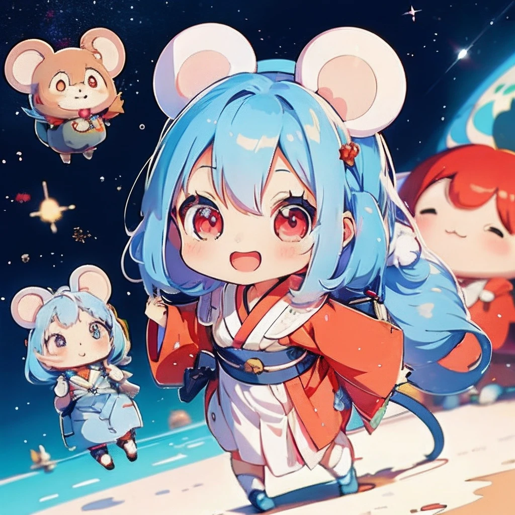 Anime girl with light blue hair, girl with１a person、（personification）、straight haired、Red hair ornament、Anime girl with round ears of a mouse, Anime visuals of cute girls, （Wearing a red kimono）（large ears that are round and white,,）（I have a pet rat next to me）portlate、Outer space background、（A big smile）