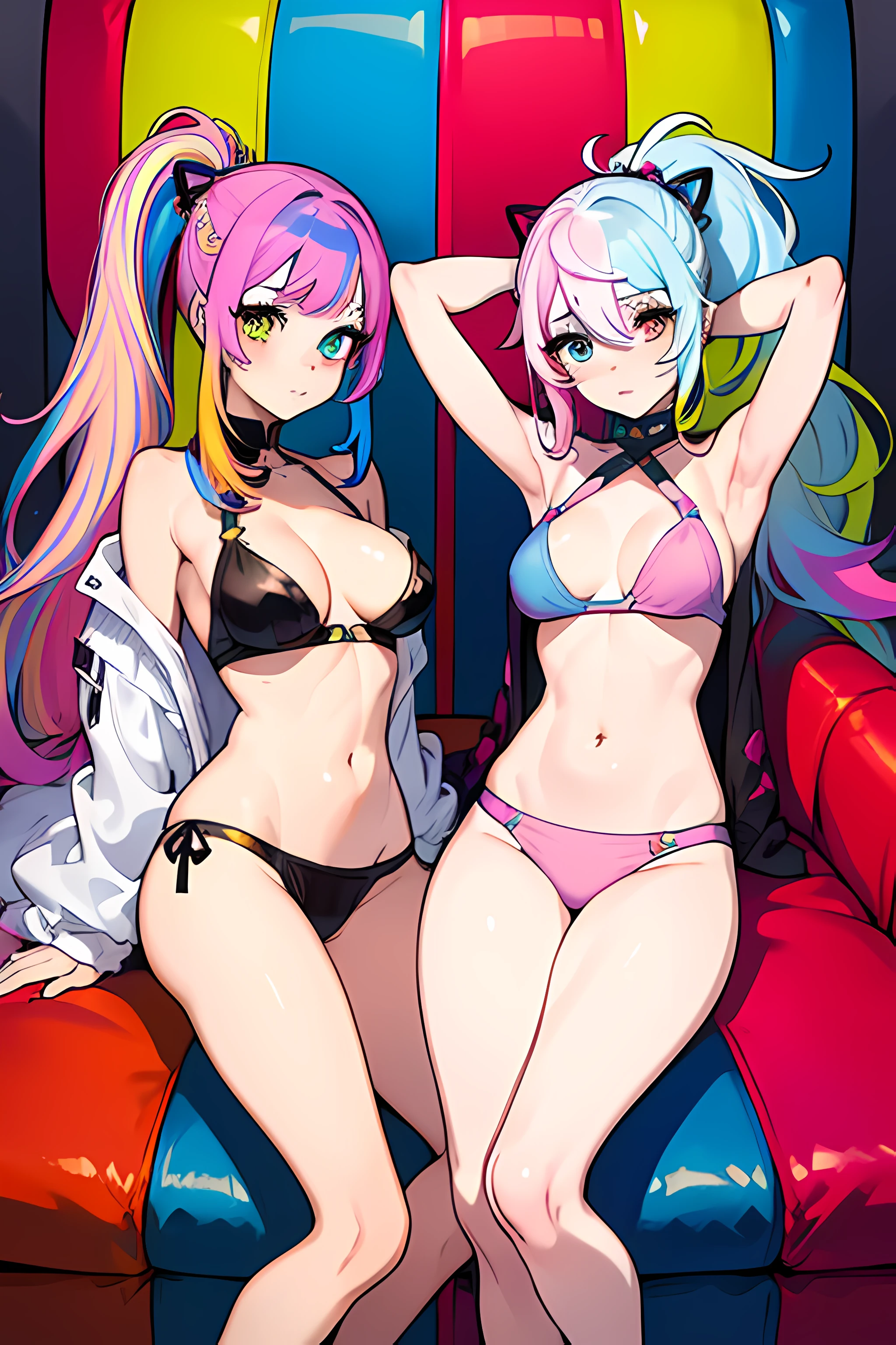 ((Masterpiece)), best quality, absurderes, ultra detailed, super beautiful twins with beautiful Heterochromia and beautiful pastel multicolor hair, high ponytail, (colorful:1.5), (colorful hair:1.5), nice and sexy body, full body, sexy pose, flirting with viewer, 1 sitting on a chair and the other standing next to it