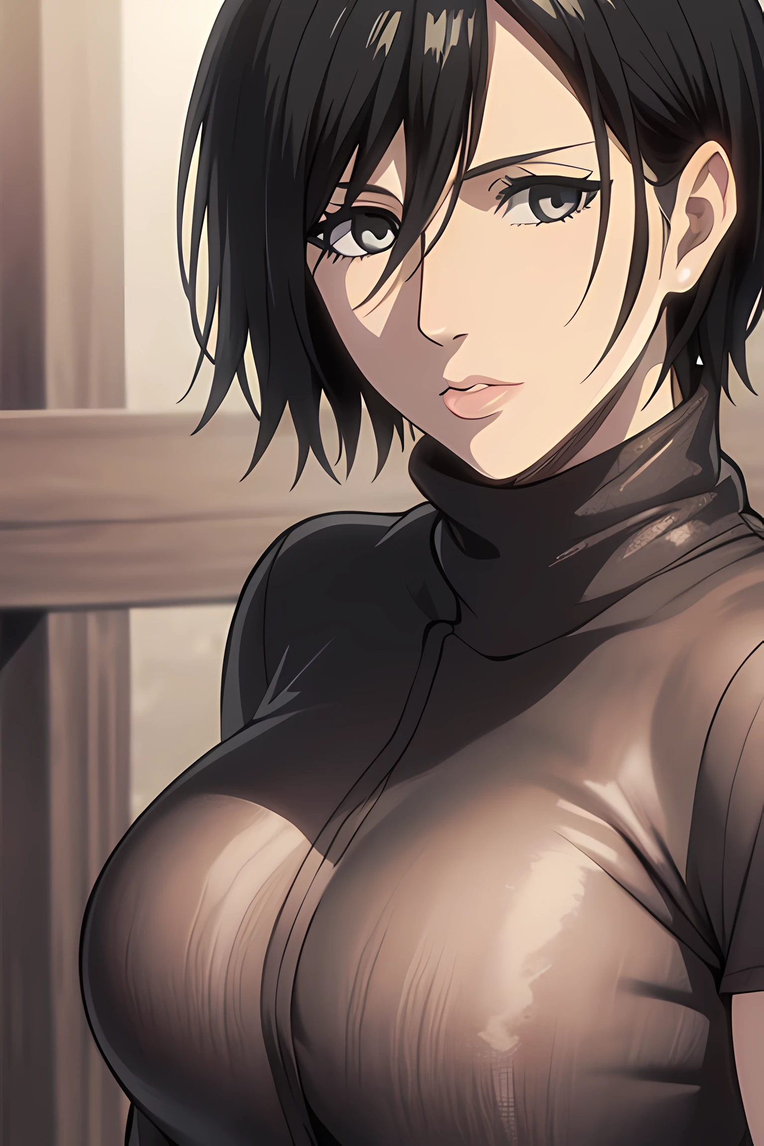 1girl, mikasa ackerman, (black hair:1.3), hair between eyes, short hair, sideburns, gray eyes, lips, shirtless, full body, solo, lips,, masterpiece, best quality,