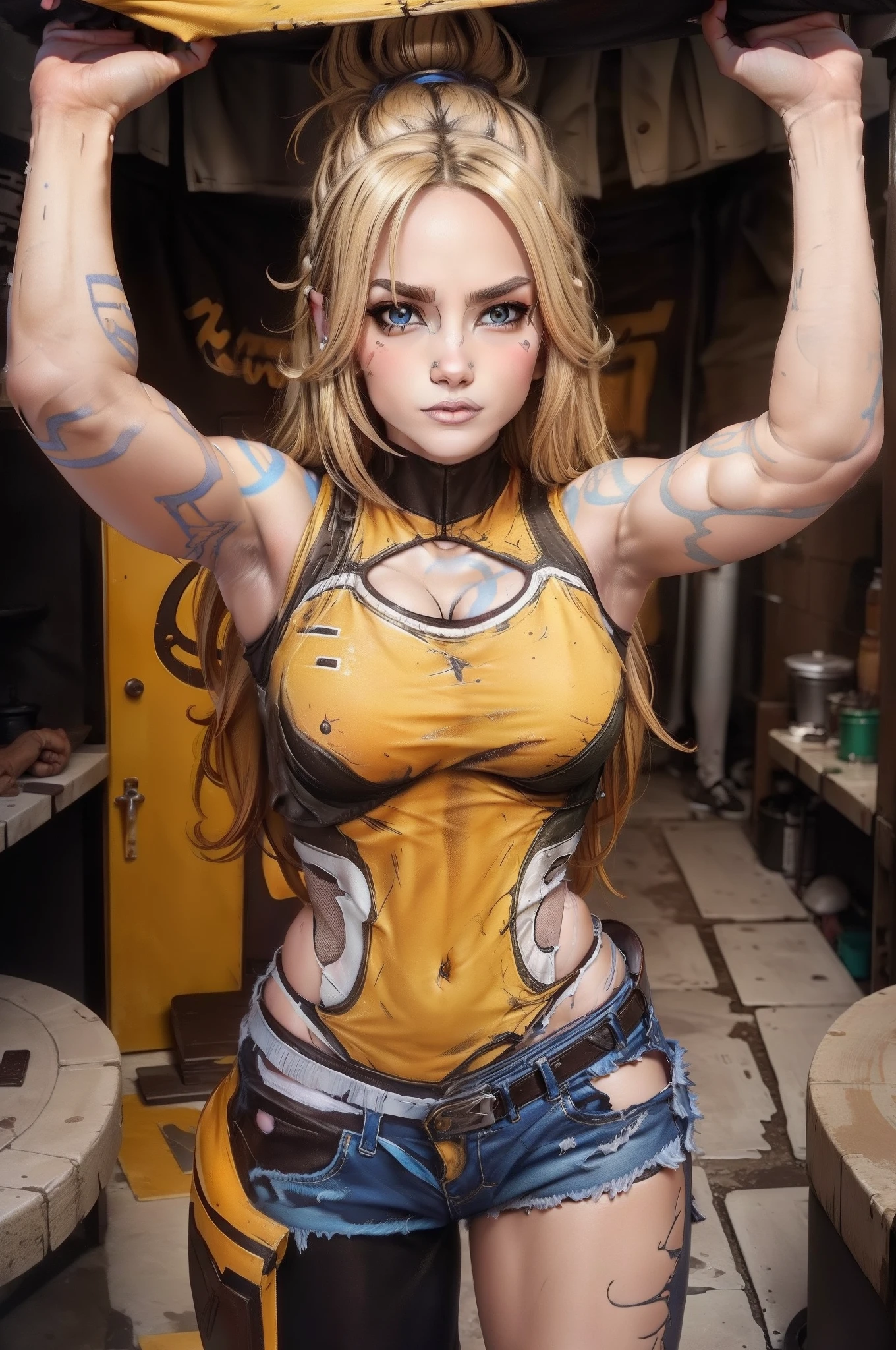 peitos grandes, Chest tight in bra, decote, axilas sem pelo ,pernas perfeitas, cabelo amarelo, mulher , loira, bonita, gostosa, with strong arms, roupas curtas, roupas surrada da periferia, pose showing strength, mulher forte e delicada, maximo detalhe, obra prima
