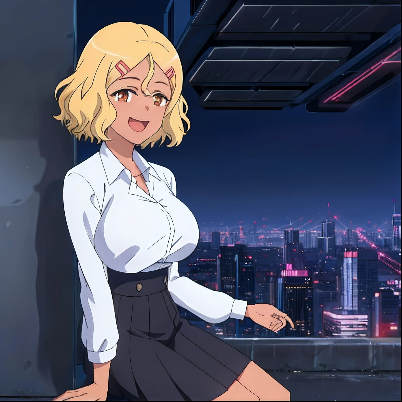 1girl, solo,sitting, cyberpunk cityscape,night city \(city\), stealth in the city, masterpiece, school uniform, professional artwork, famous artwork, perfect face,(glowing eyes:1), beautiful face, intense look,Sakura, blonde hair, hair ornament, hairclip, smile, open mouth, brown eyes,dark skin, glowing eyes, huge breasts, short hair, background city,looking away from viewer, sitting