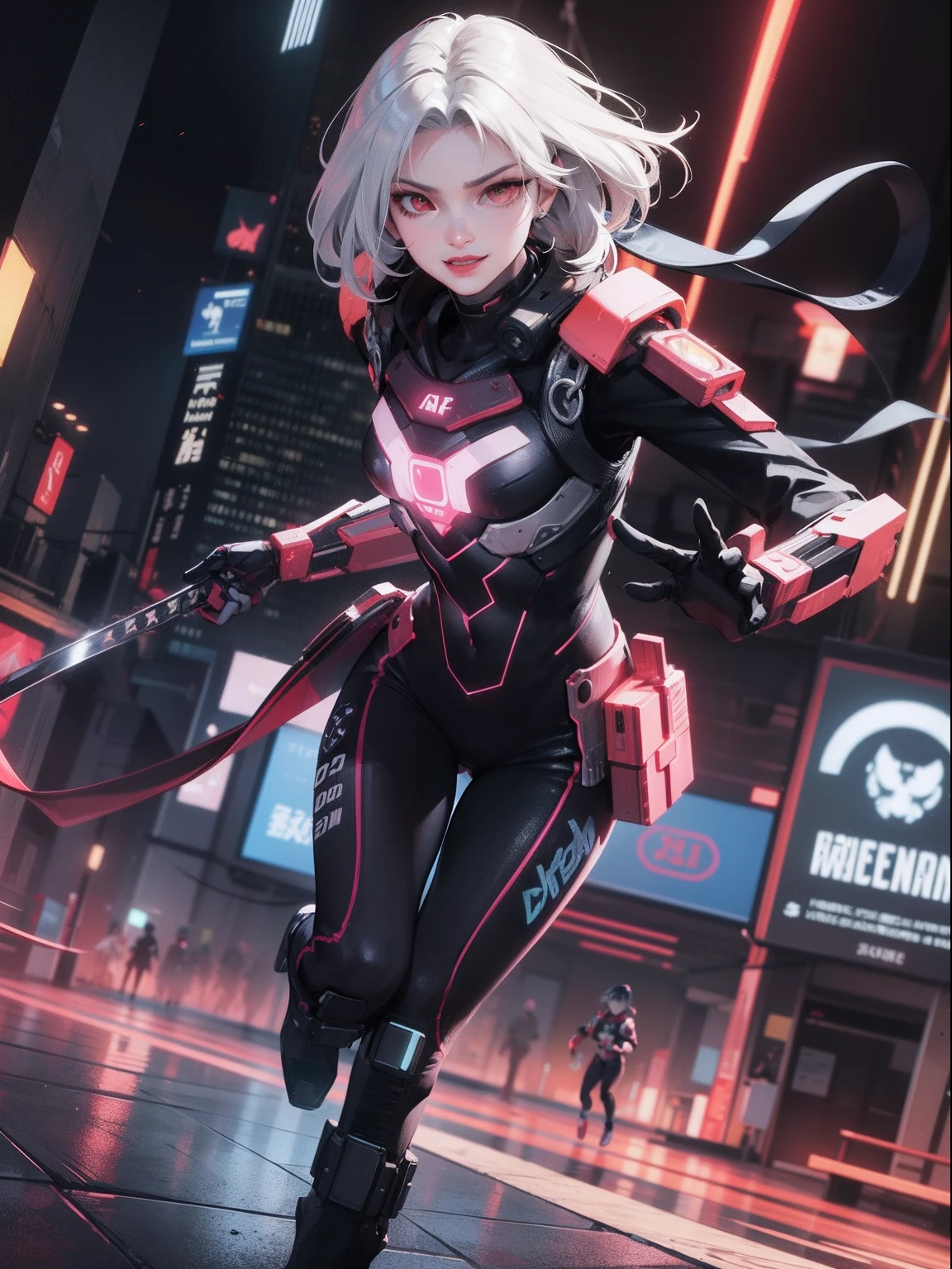 A portrait in a cyperpunk city, neon tokyo, landscape with a young beautiful mature female with short and white hair, red eyes, asian traits, wearing a black and red full body cybernetic suit, hacker vibe, netrunner, badass, running, with a cocky smile, smirk, holding a cyber neon katana, 4K, 3d Octane render, cinematic lighting, Dynamic, Ray Tracing, bloom, 50mm.
