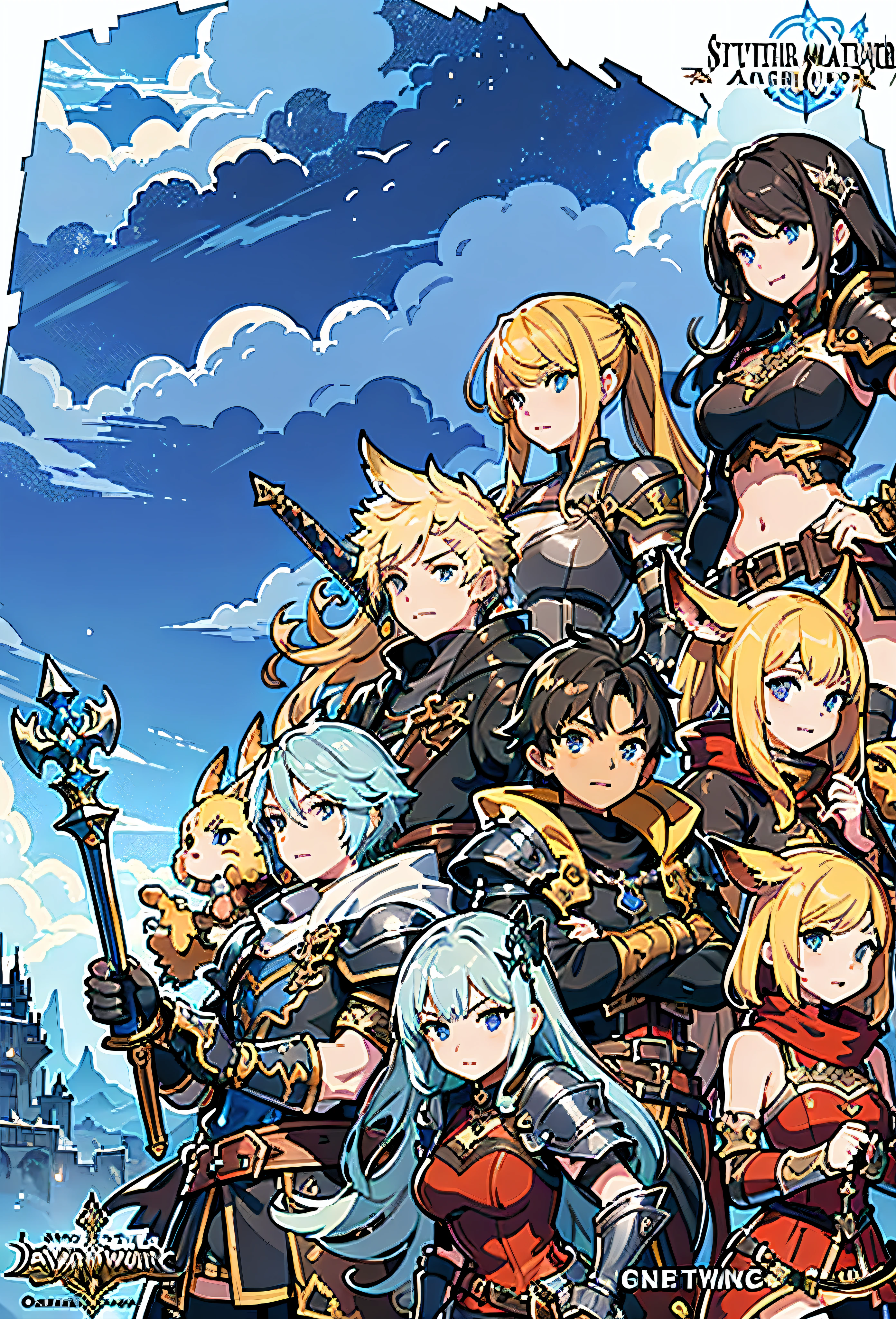 a group of people with swords and armor standing in front of a sky, granblue fantasy, final fantasy 14 style, final fantasy fan art, crisp clear rpg portrait, ffxiv heavensward, final fantasy style, final fantasy 1 2 style, final fantasy xiv: endwalker, key art, final fantasy artwork concept, ffxiv, from final fantasy, detailed key anime art, best quality, there are many people in a field with a castle in the background, key art, final fantasy artwork concept, hq artwork, square enix cinematic art, boris valejo. octopath traveler, high detailed official artwork, final fantasy 1 4, final fantasy xiv, final fantasy 14 style, game key art, ffxiv, final fantasy 14 sharp, rpg artwork, masterpiece, high quality, best quality, high detail, perfect draw, official artwork, detailed cover artwork, key art, promo art, album art, front cover of a new video game, enhanced, official art, anime cover, board game cover art, promotional art, box art, album art cover, game cover, battle chasers, official anime artwork, album cover, high quality face, high quality hand, by bestiary_style, males and females, fantasy rpg, warrior, armor, sword, high detailed faces, multicolor eyes,