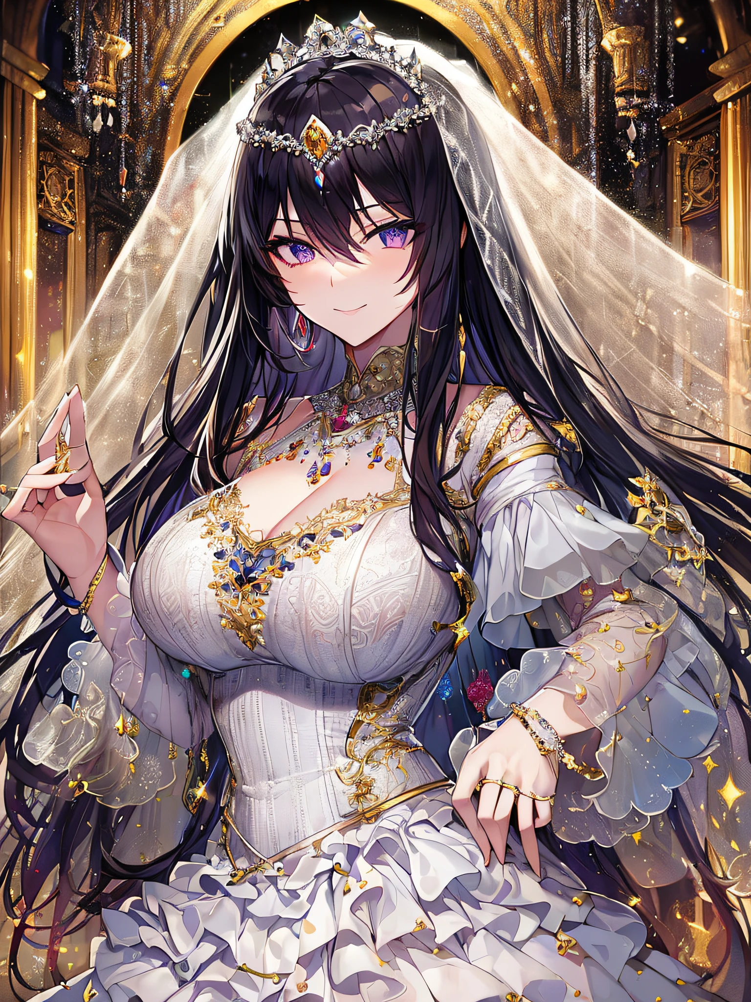 ((anime artstyle)),Masterpiece,Best Quality,Super Detail,Very Delicate and Beautiful,Solo,((full body)),((1 arrogant royal queen wearing beautiful embroidery and jeweled gorgeous stately white wedding dress with voluminous hoop skirt)),crinoline,(gigantic tits,Long tits,skindentation),jewel-like eyes,(arrogant,haughty),((haughty smile)),Sharp eyes,Purple eyes,dominant pose,((Bangs between eyes,voluminous straight hair,extremely Long straight Hair)),black hair,gorgeous embroidery and lace,enormous puffed sleeves,luxury hair ornament,extremely gorgeousfull jeweled tiara,long train,bling-bling gorgeous gemstone jewelry,long wedding veil,detailed face and eyes,full body,((beautiful embroidery and jeweled gorgeous stately white wedding dress with voluminous hoop skirt))