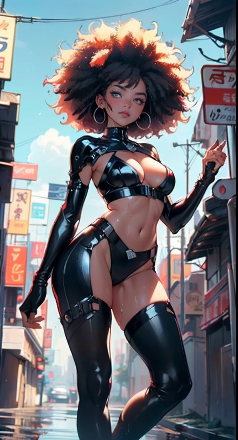girl spacepunk,(((1girl))),((cute and beautiful afro haired girl)),((((black race)))),
(large breasts:1.4),saggy breasts,((((black afro hair:1.35,((afro hair:1.35)),afrohair,afro:1.35,dark hair,black hair,)))),medium hair,((heterochromia:1.5,eye1 orange,eye2 red,perfect eyes,upturned eyes:1.3,beautiful detailed eyes,finely detailed beautiful eyes:1,big highlight on eyes:1.2)),((fat)),((((tan,dark skin,black skin:1.35,dark-skinned_female,dark skin:1.3,ebony skin,lustrous skin:1.5,bright skin: 1.5,shiny skin,very shiny skin,shiny body,illuminated skin,wet legs)))),(spider lower abdomen,narrow waist,wide hip,athletic body,inflated legs,delicate detailed fingers),((hand consists of a short thumb and four fingers,hand with just five fingers,(detailed face))),
cute,slutty,sensual,seductive look,seductive,erotic,enchanting,(nsfw),
zettai ryouiki,revealing clothing,show skin,(wearing a mechanical space body armor:1.3,micro bikini,bare legs,an armored arm),((wet clothes, detailed outfit,detailed clothes)),
(dynamic pose:1.0),solo focus,embarrassed,(centered,scale to fit dimensions,Rule of thirds),
cyberpunk city by the ocean at night, with bright neon signs and dark stormy clouds and puddles,
High resolution, sharp focus, (ultra detailed, extremely detailed), (photorealistic artwork:1.37), 8k wallpaper,((synthwave background theme)),((vibrant colors)),(intricate),masterpiece,(best quality),