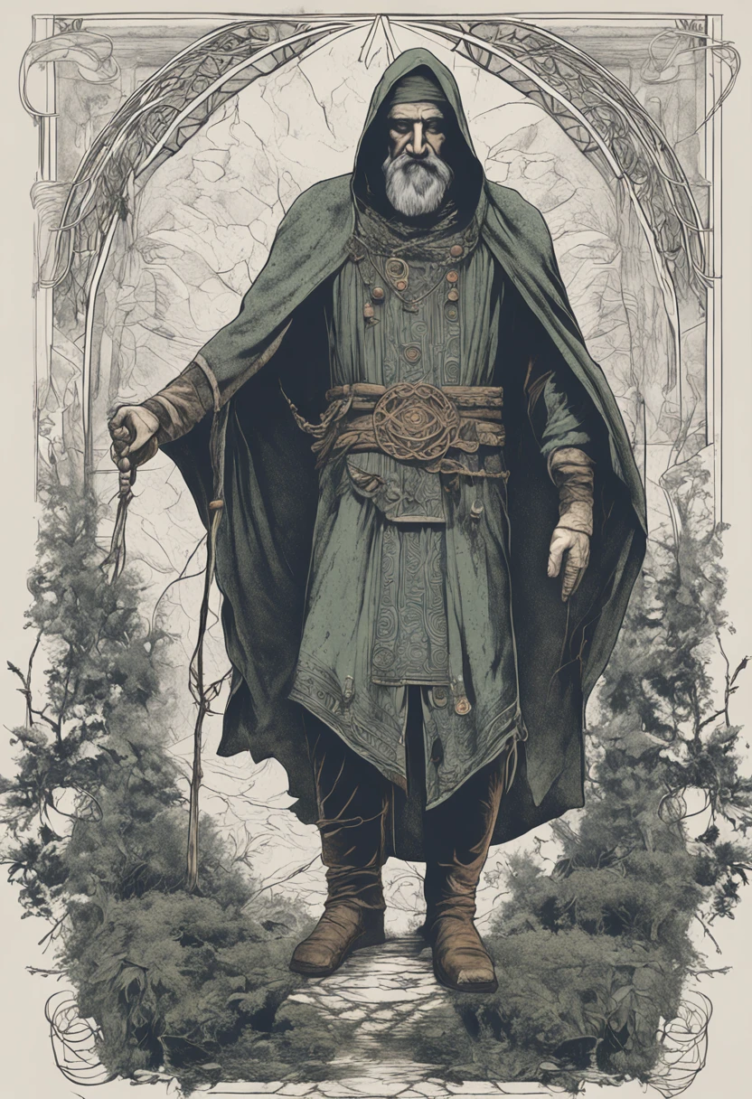 Ultra-resolution, (Realistic photography in aspect ratio 16:9 pixels in portrait position), surrealismo, Semelhante a um sonho, FusionArt, Darkness Control, furtividade, passo da sombra, Umbral spells, hidden blade, Scenery with fog and in half light. A middle-aged druid with gray hair that falls down to his shoulders, emoldurando um rosto marcado por rugas de sabedoria e olhos penetrantes de um azul profundo. He wears a dark green tunic, decorated with Celtic symbols embroidered in golden threads. On your neck, He wears a carved wooden amulet in the shape of a tree, symbol of your connection with nature. He is sitting on a large mossy stone in the middle of a dense forest, where rays of sunshine filter through the treetops, criando um jogo de luz e sombra ao seu redor. Em seu colo, ele segura livro grande com capa de couro envelhecido, adorned with runes and mystical metal symbols. His gaze is one of deep contemplation.
