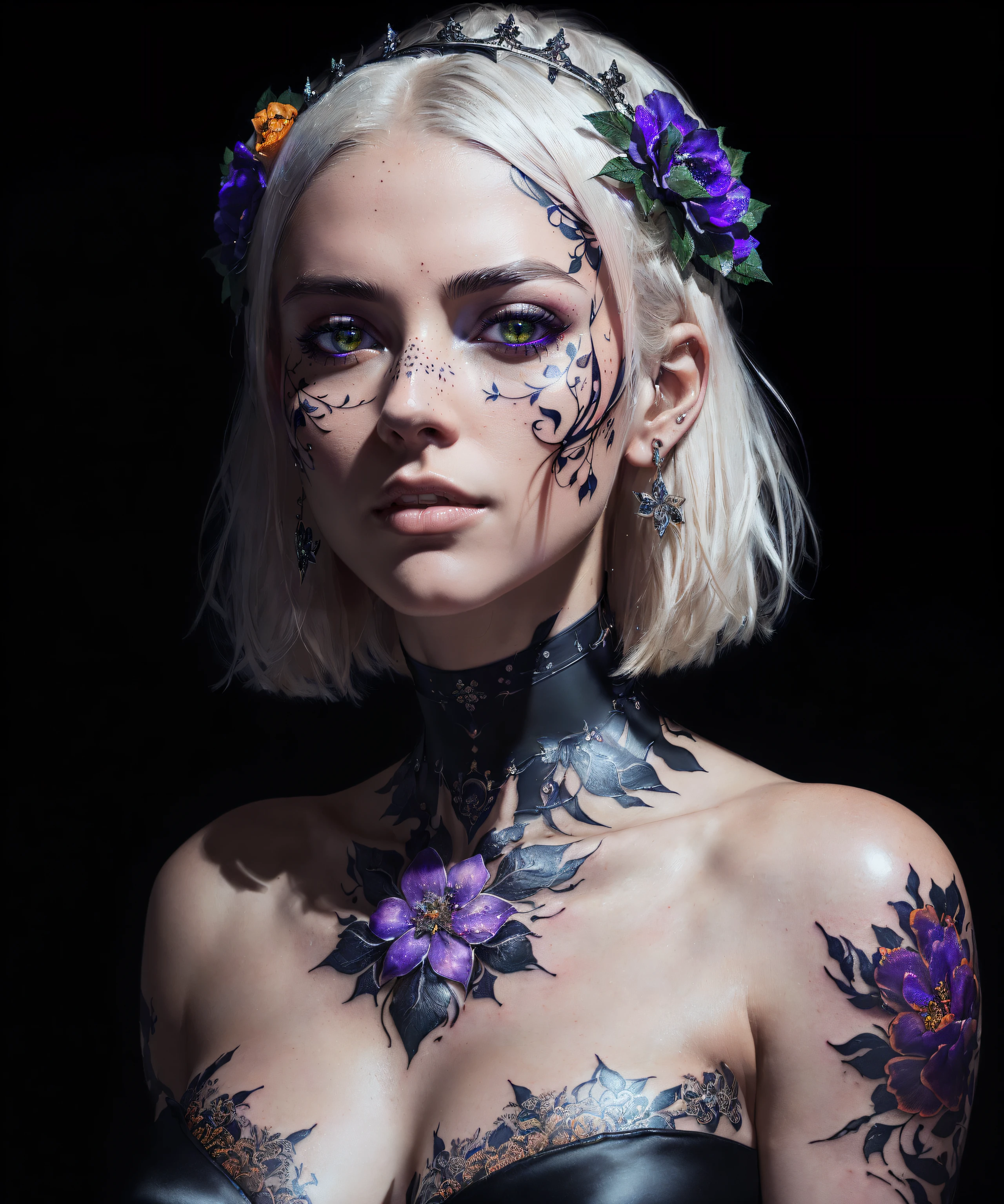 35mm, F/2.8, insanely hyper-detailed and intricately realistic, Milf character full body black-orange tattoo shoulder with messy platinum hair, in a black white flower dress, luminescent circuitry patterns that glow with a purple hue, a minimalist crown on the head, detailed face, detailed skin, forehead, secret garden background, canopy, Deszoom, choker, hyperdetailed ink, luminism, bar lighting, complex, 4k resolution concept art portrait by Greg Rutkowski, Artgerm, WLOP