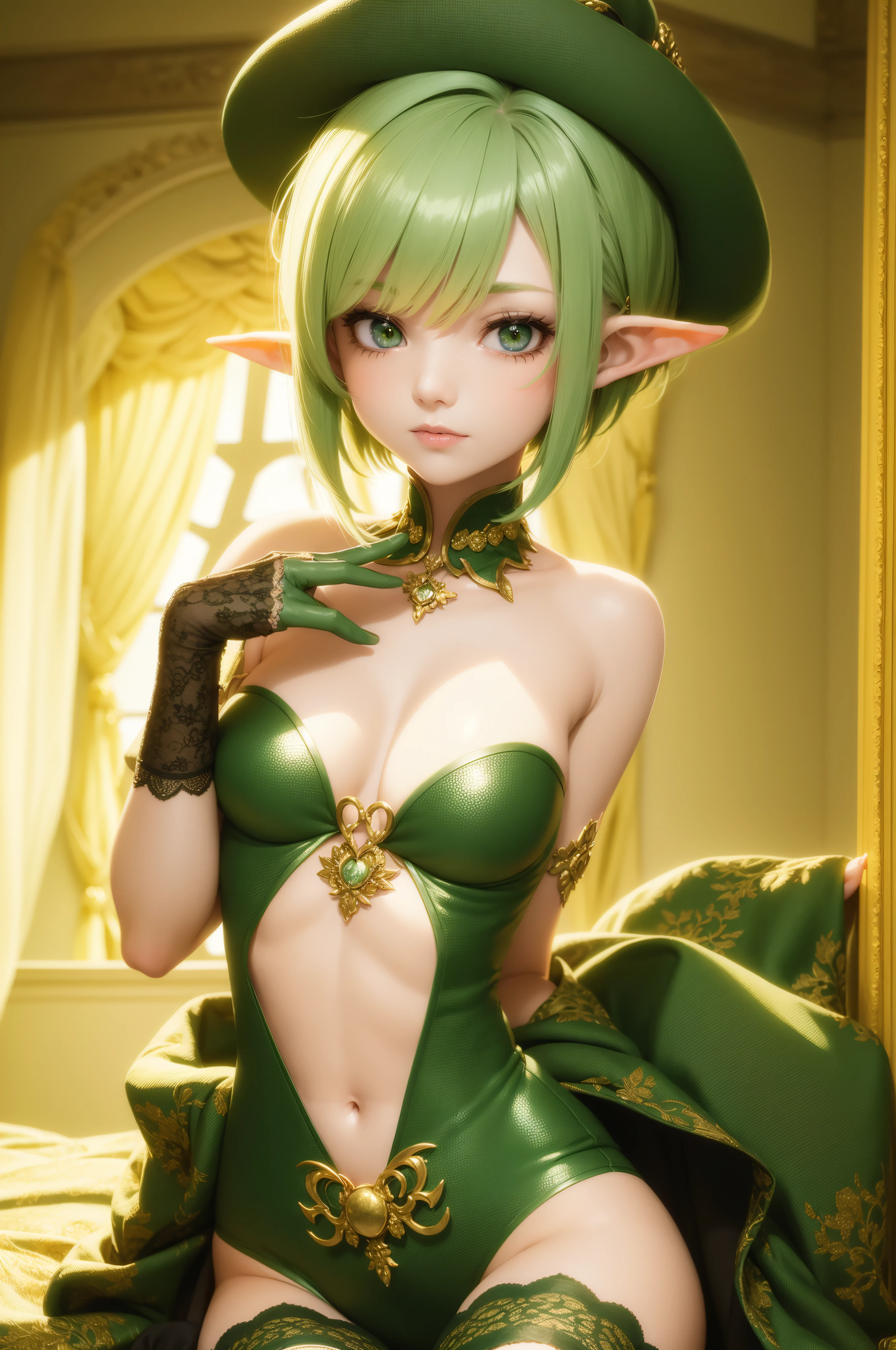 1 girl, elf, 20 years old, green short hair, golden eyes, tangtop, masterprice, no copyright, original, 8k, sharp detail, beautiful hand and anatomy