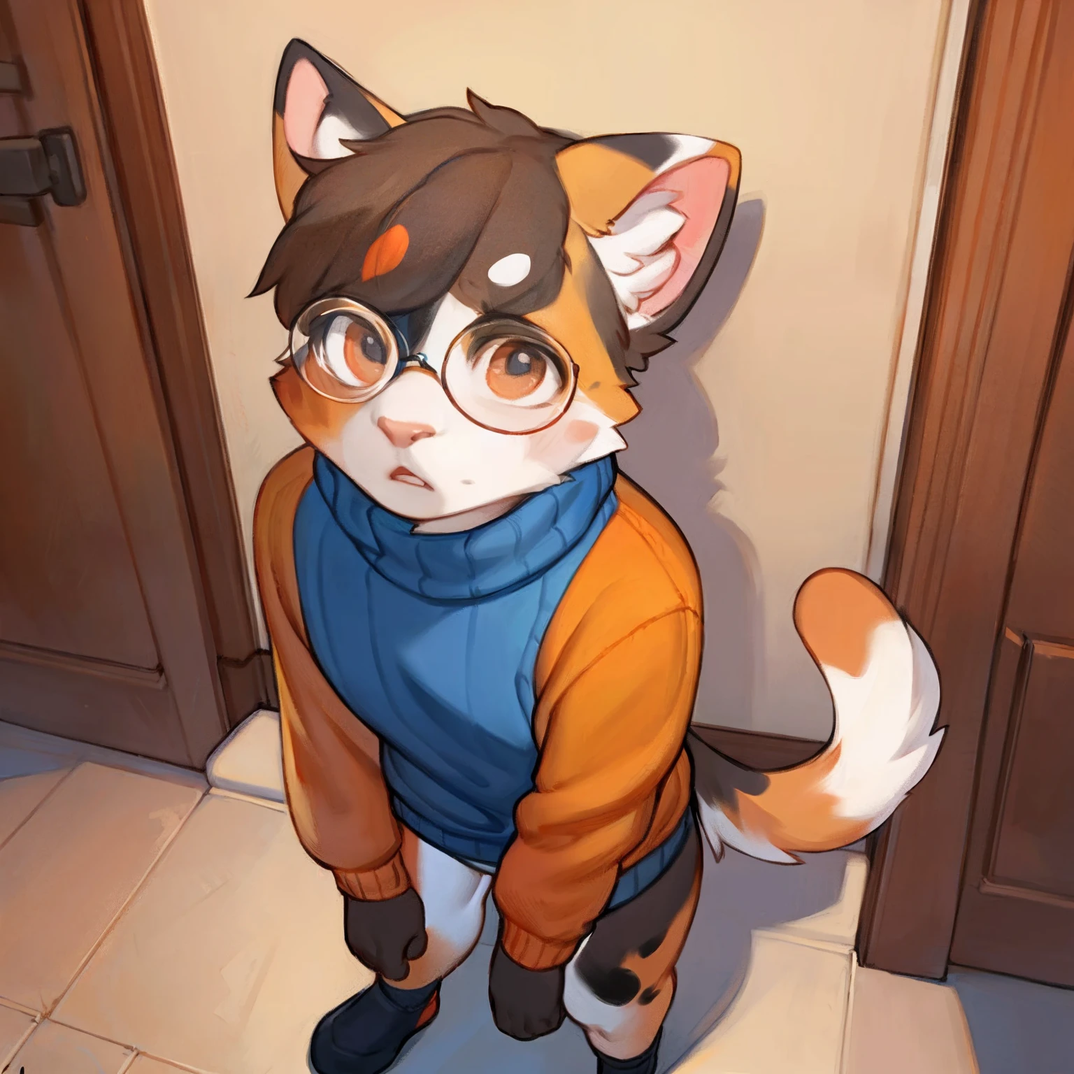 By chelodoy, by zaush, by bebebebebe, by spuydjeks, by meesh, by bigcozyorca, solo, standing, male, canine, (snout, hair), turtleneck sweater, peephole sweater, keyhole sweater, bottomless, surprised, wide eyed, glasses, ((calico, calico cat breed, mottled)), vagina