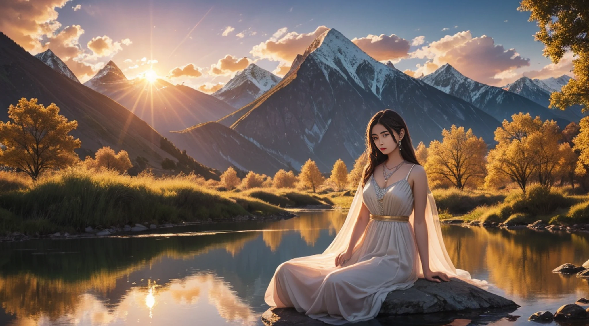 1 girl, serene expression, mesmerizing eyes, straight long hair, flowing dress, poised posture, porcelain skin, subtle blush, crystal pendant
BREAK
golden hour, (rim lighting):1.2, warm tones, sun flare, soft shadows, vibrant colors, painterly effect, dreamy atmosphere
BREAK
scenic lake, distant mountains, willow tree, calm water, reflection, sunlit clouds, peaceful ambiance, idyllic sunset, ultra detailed, official art, unity 8k wallpaper
, zentangle, mandala